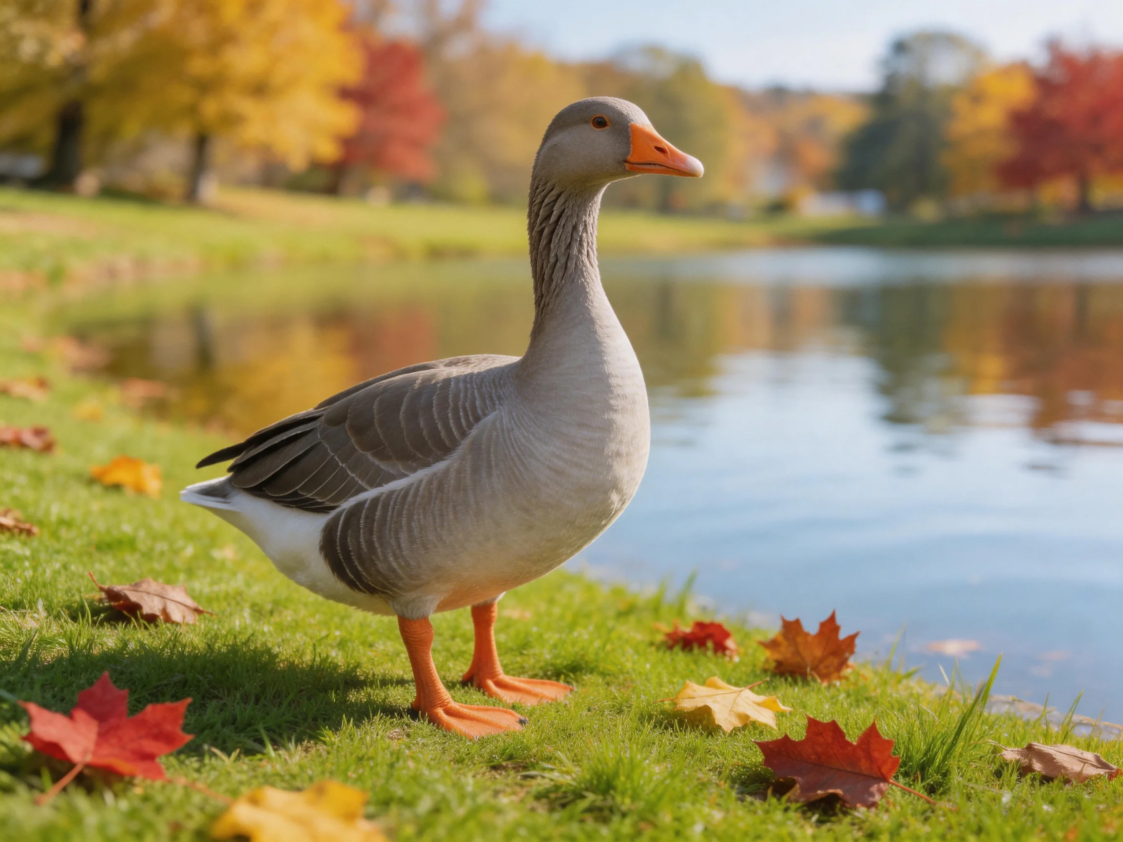 A gray goose stands by a calm pond amid autumn foliage