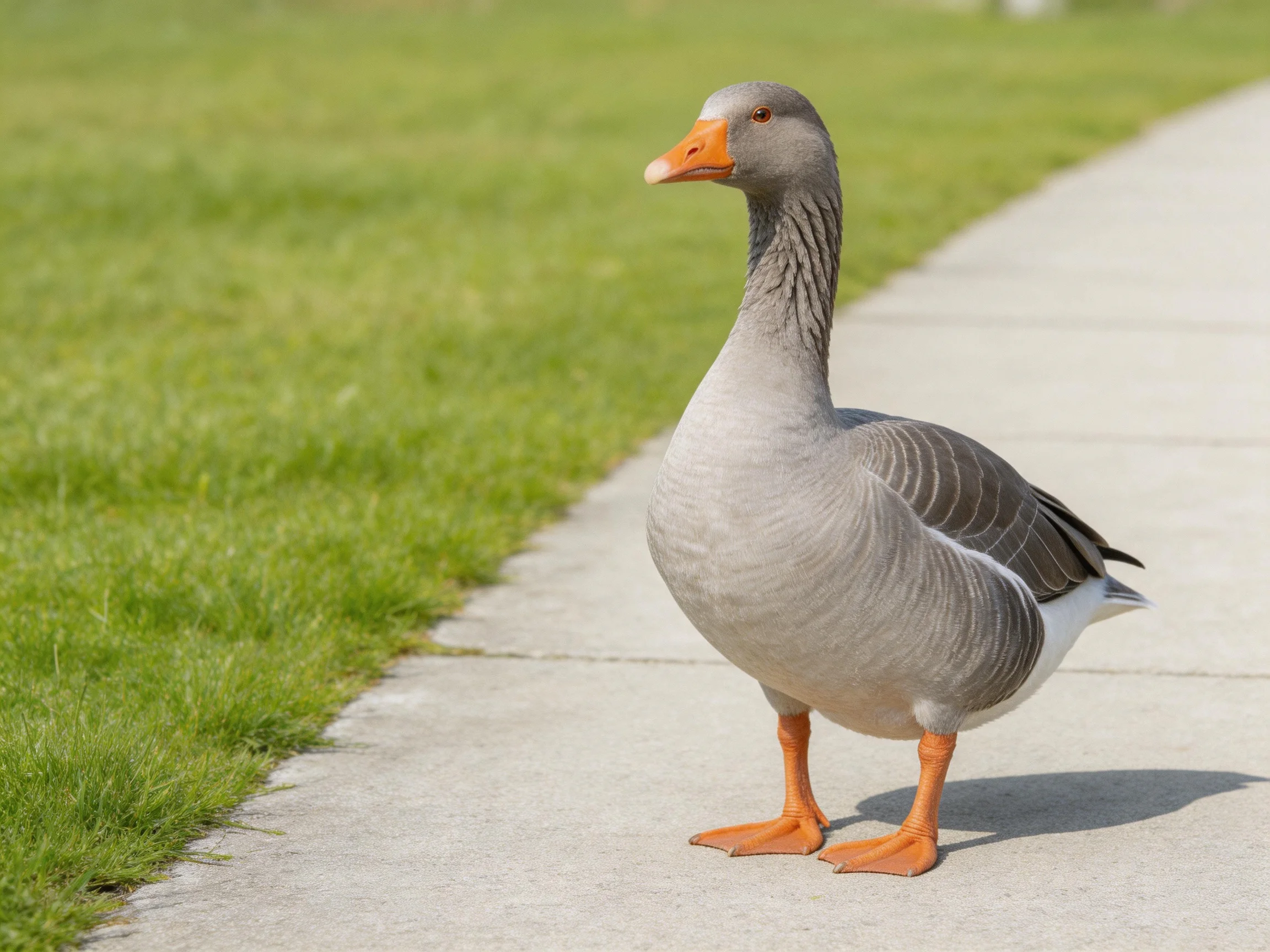 A gray goose stands on a concrete path beside lush green grass