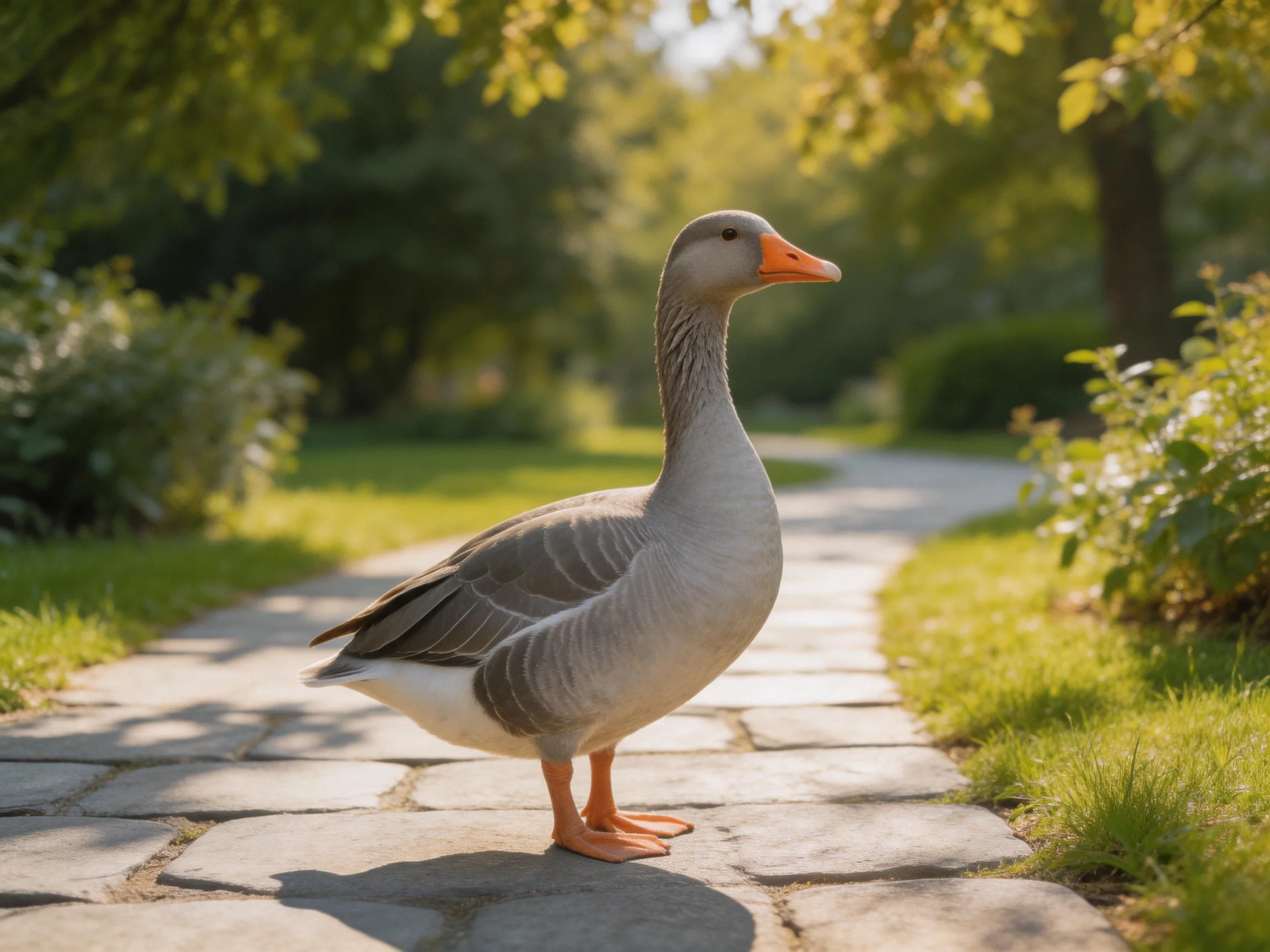 A gray goose stands on a stone path surrounded by lush greenery