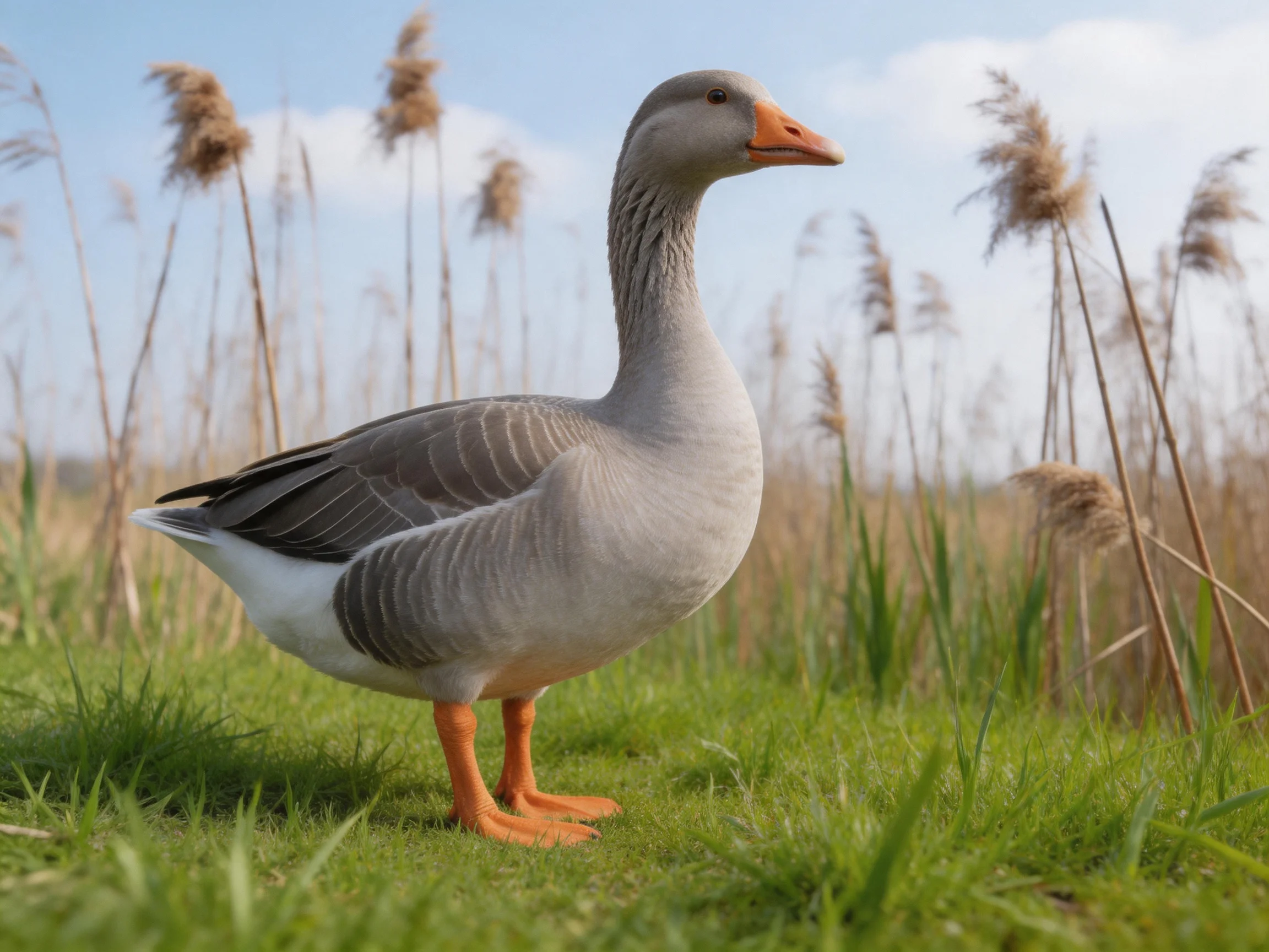 A gray goose stands on lush green grass near tall reeds