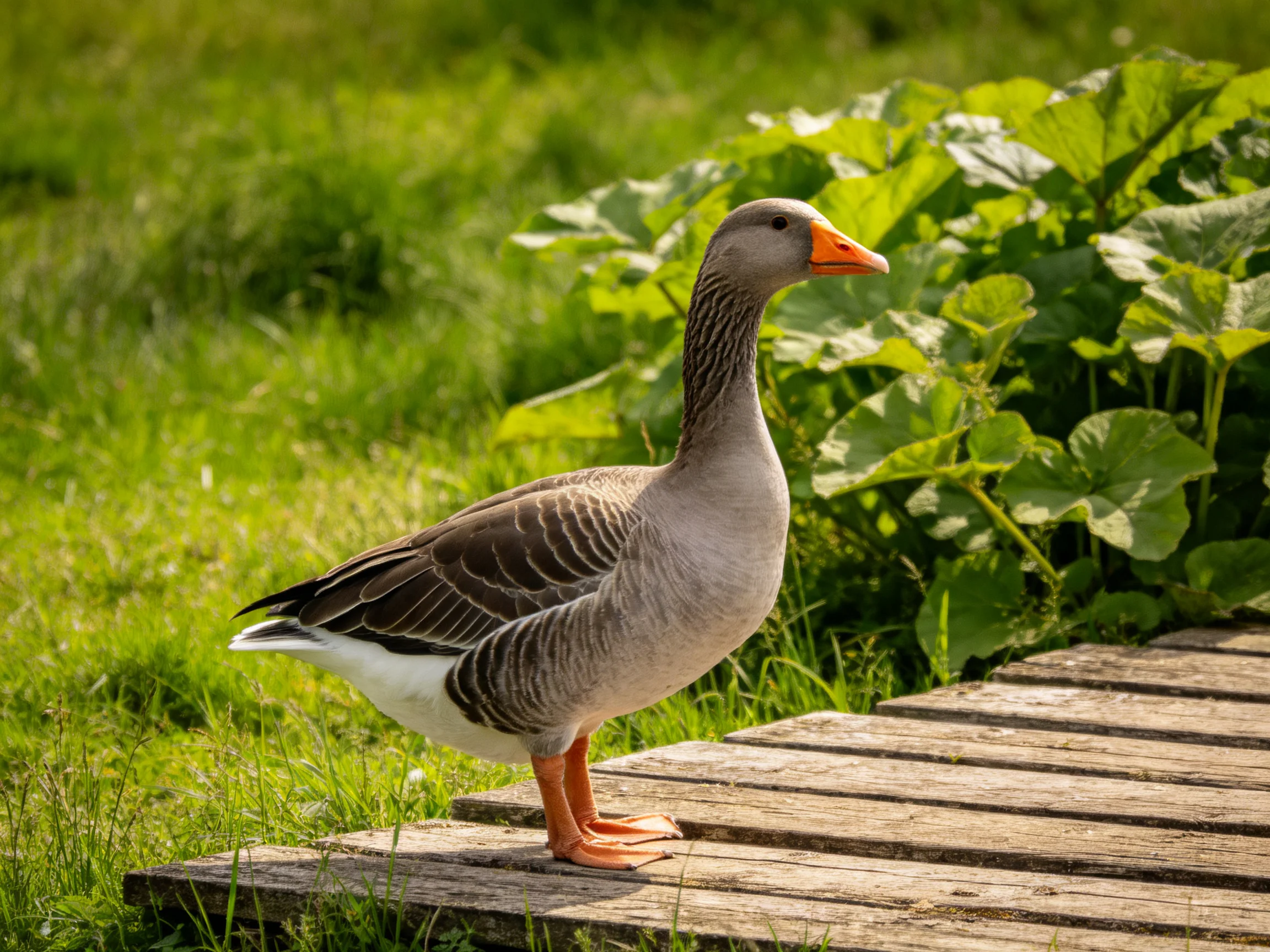 A gray goose stands on weathered wood amid lush green vegetation