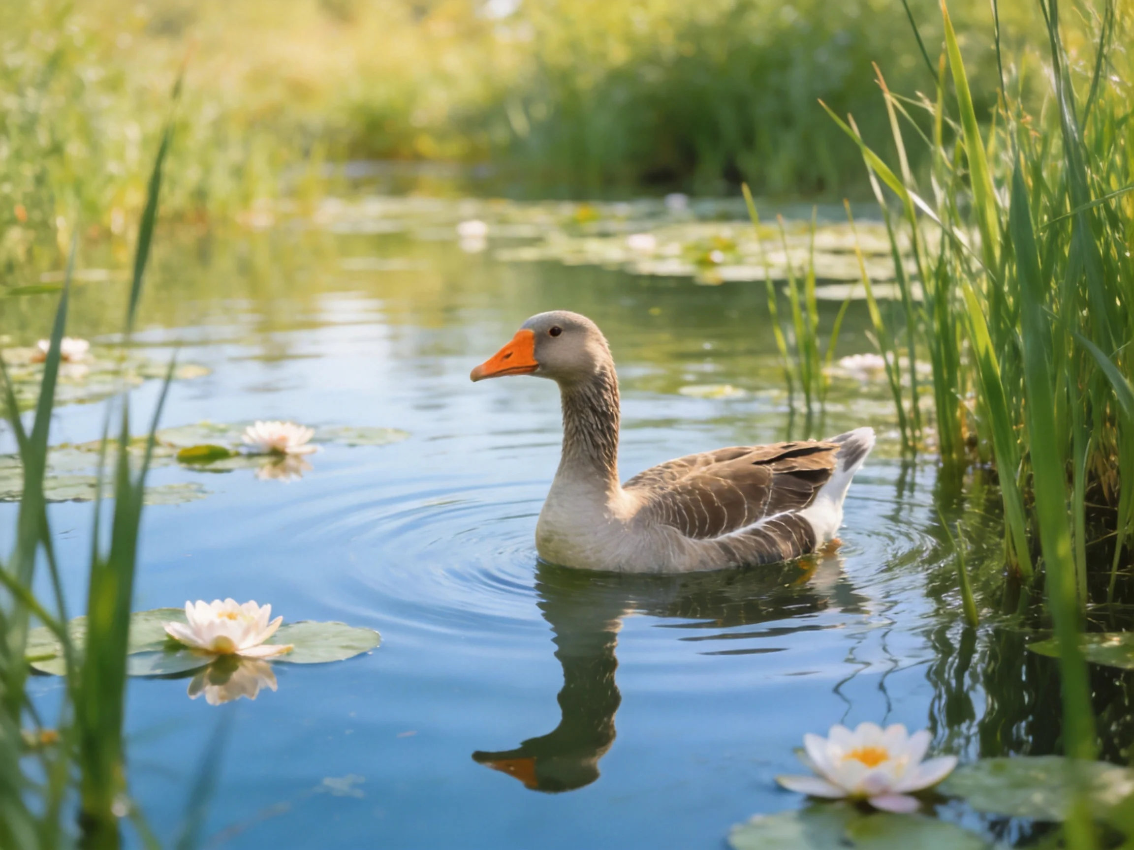 A gray goose swims in a calm pond with white water lilies and green reeds