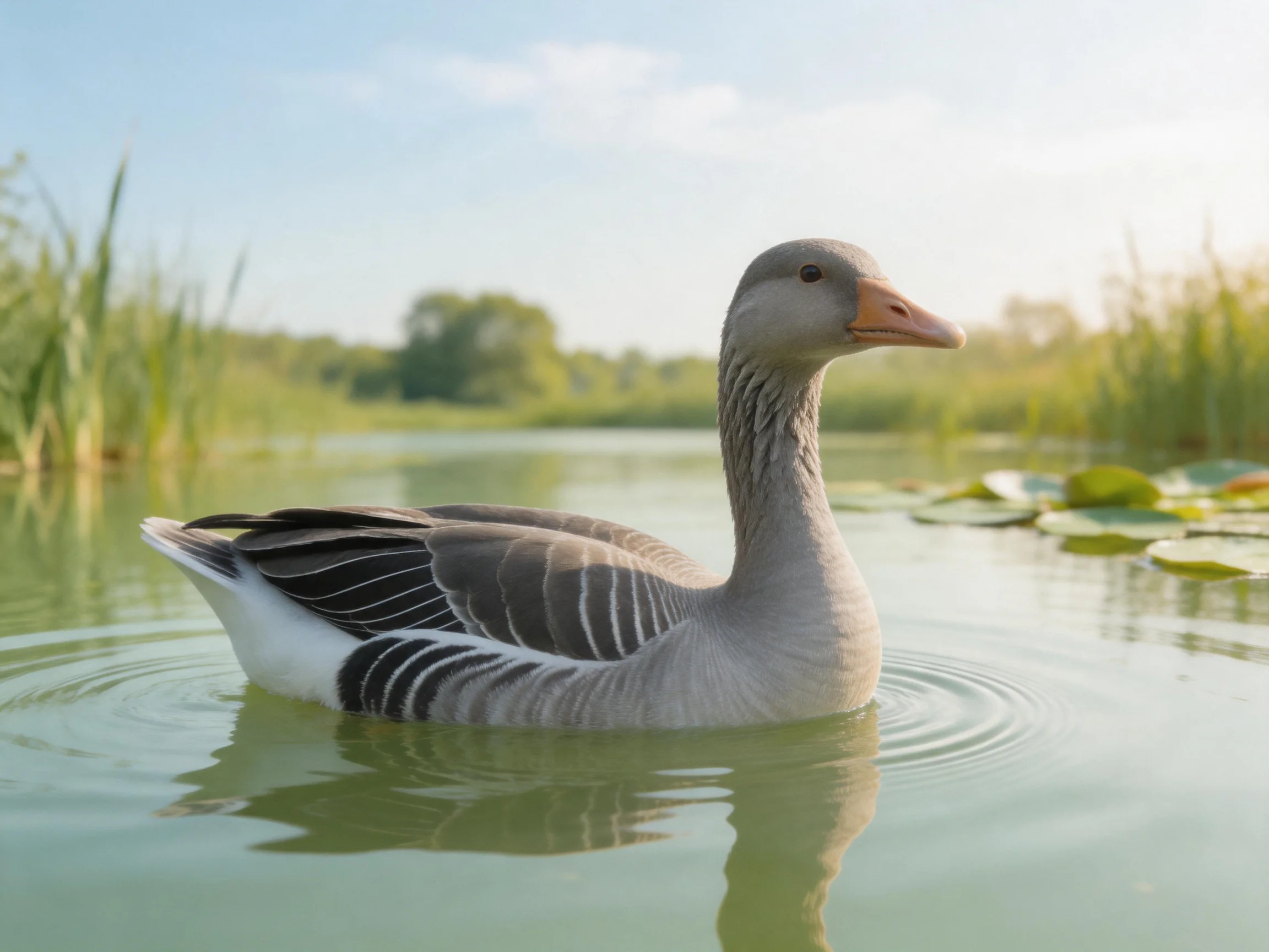 A gray goose swims in calm water near tall reeds
