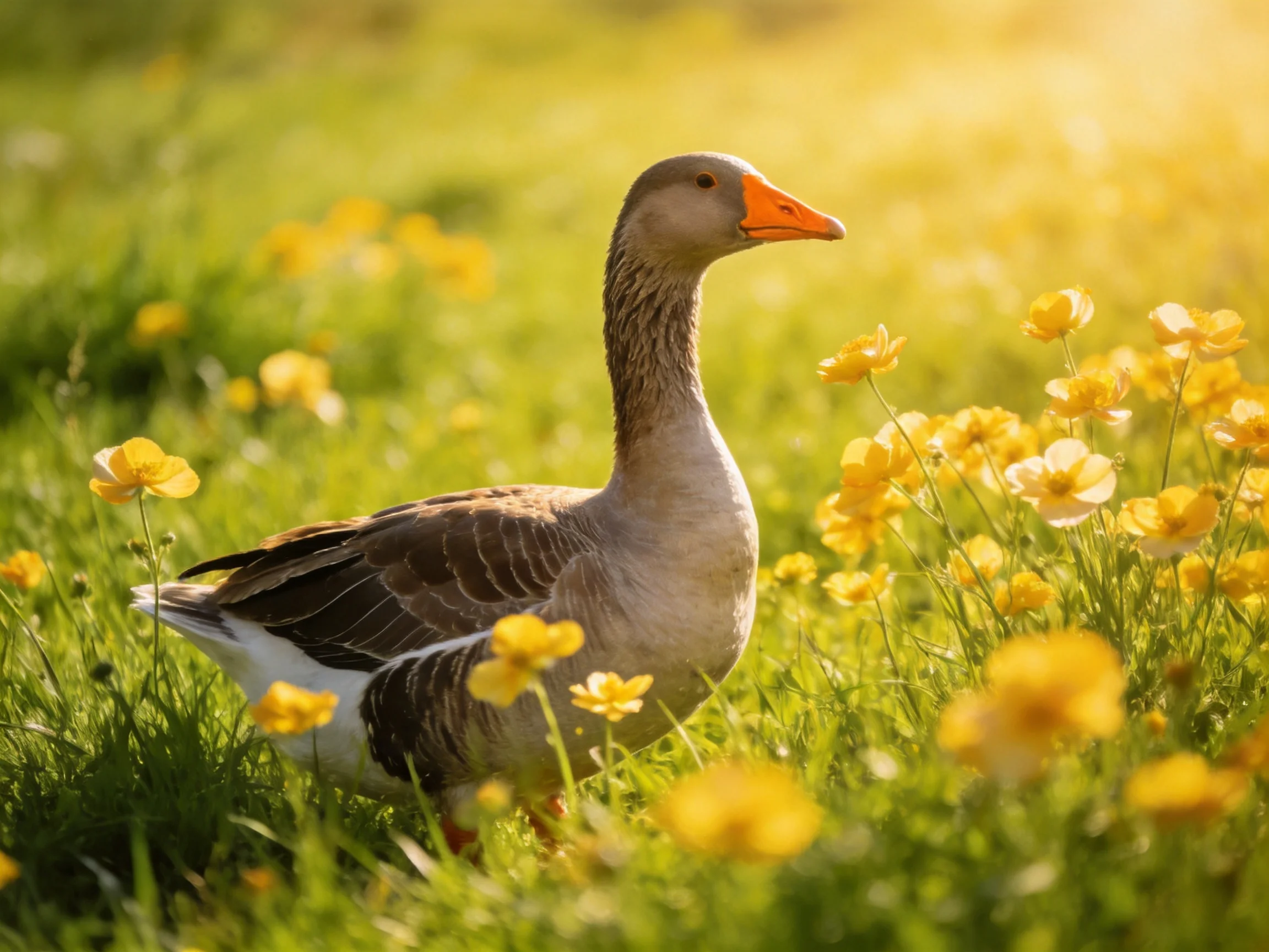 A gray goose with an orange beak amid vibrant yellow wildflowers in a sunlit meadow