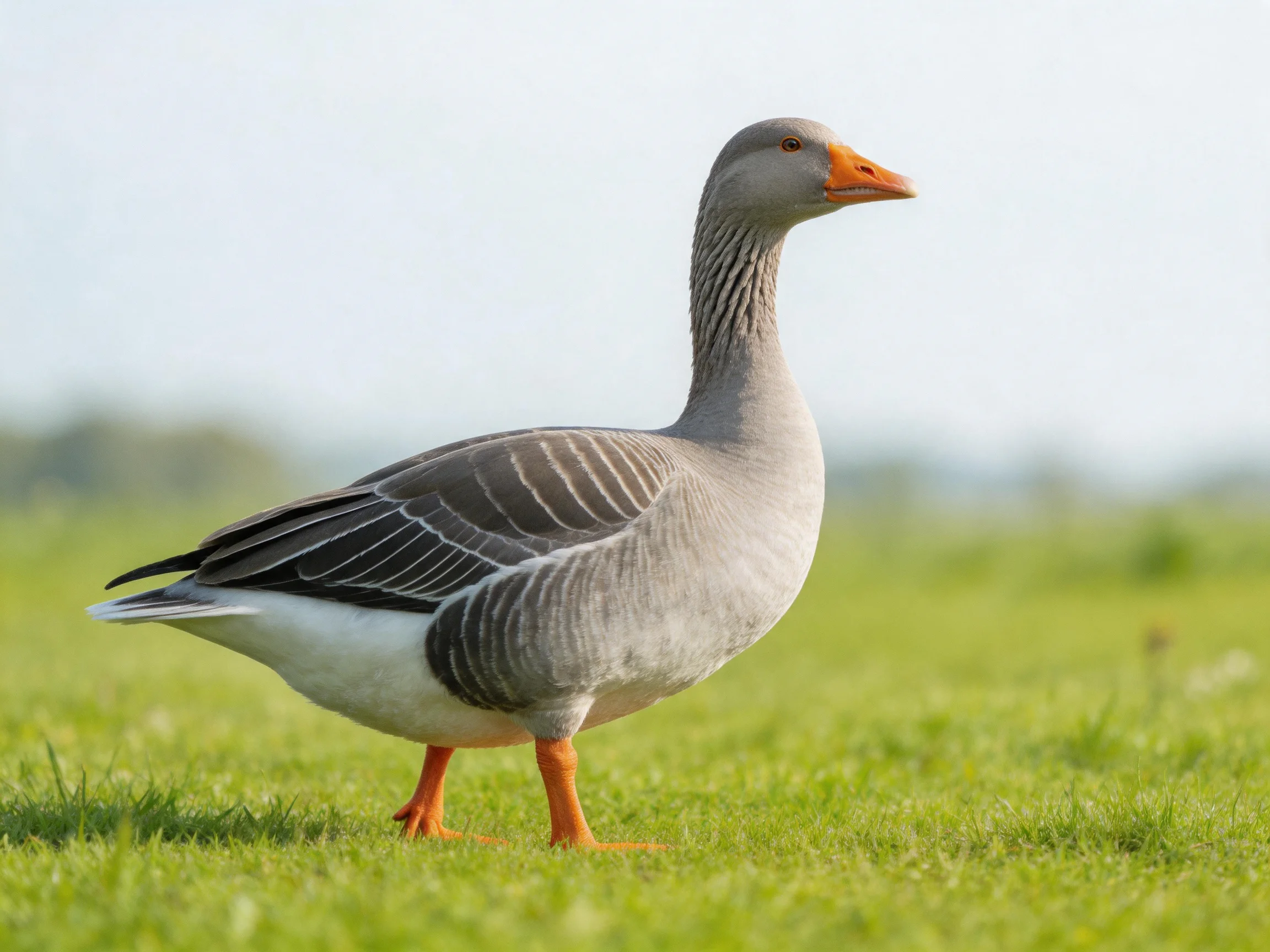 A gray goose with an orange beak stands on lush green grass