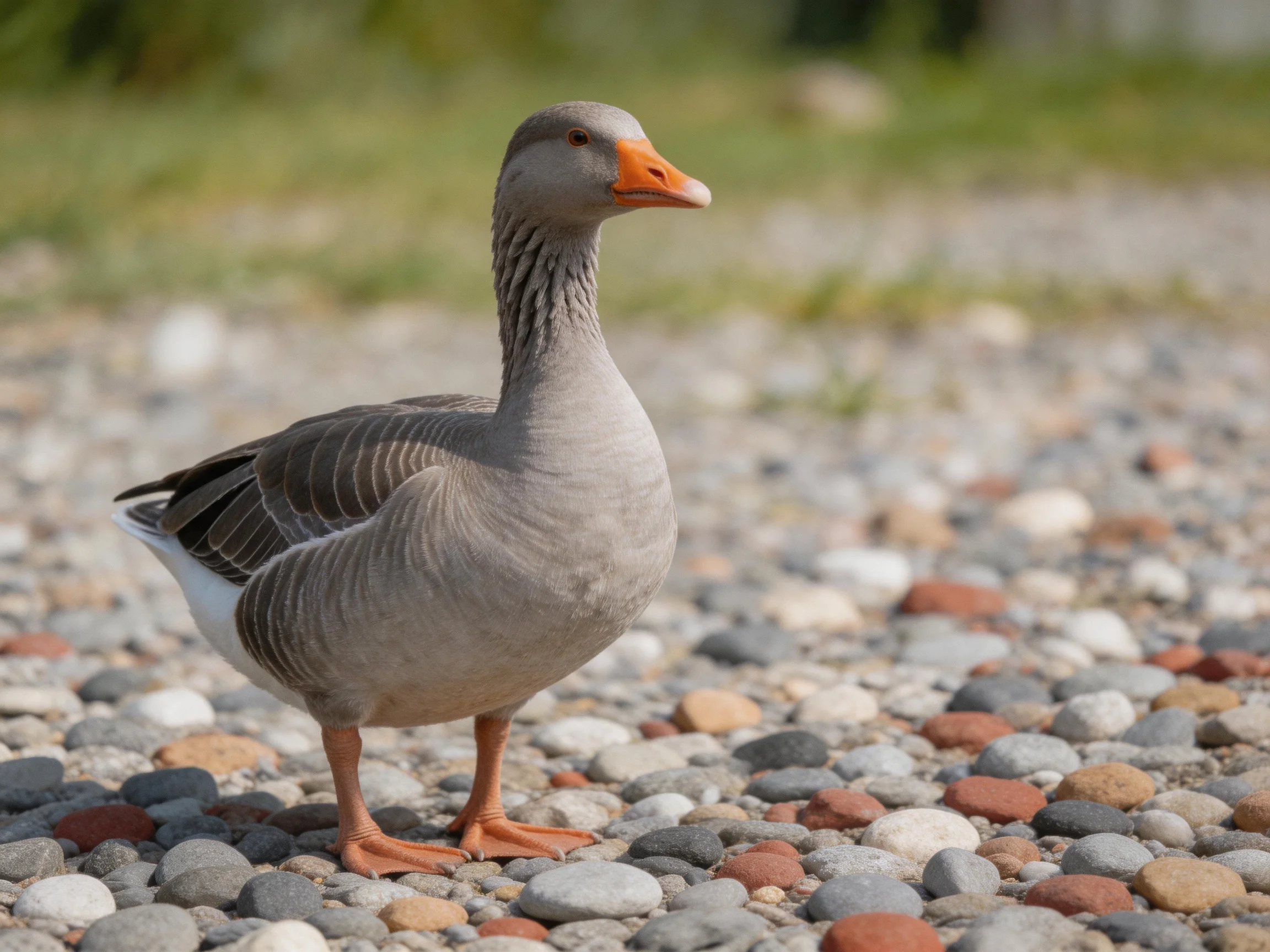 A gray goose with an orange beak stands on multicolored pebbles