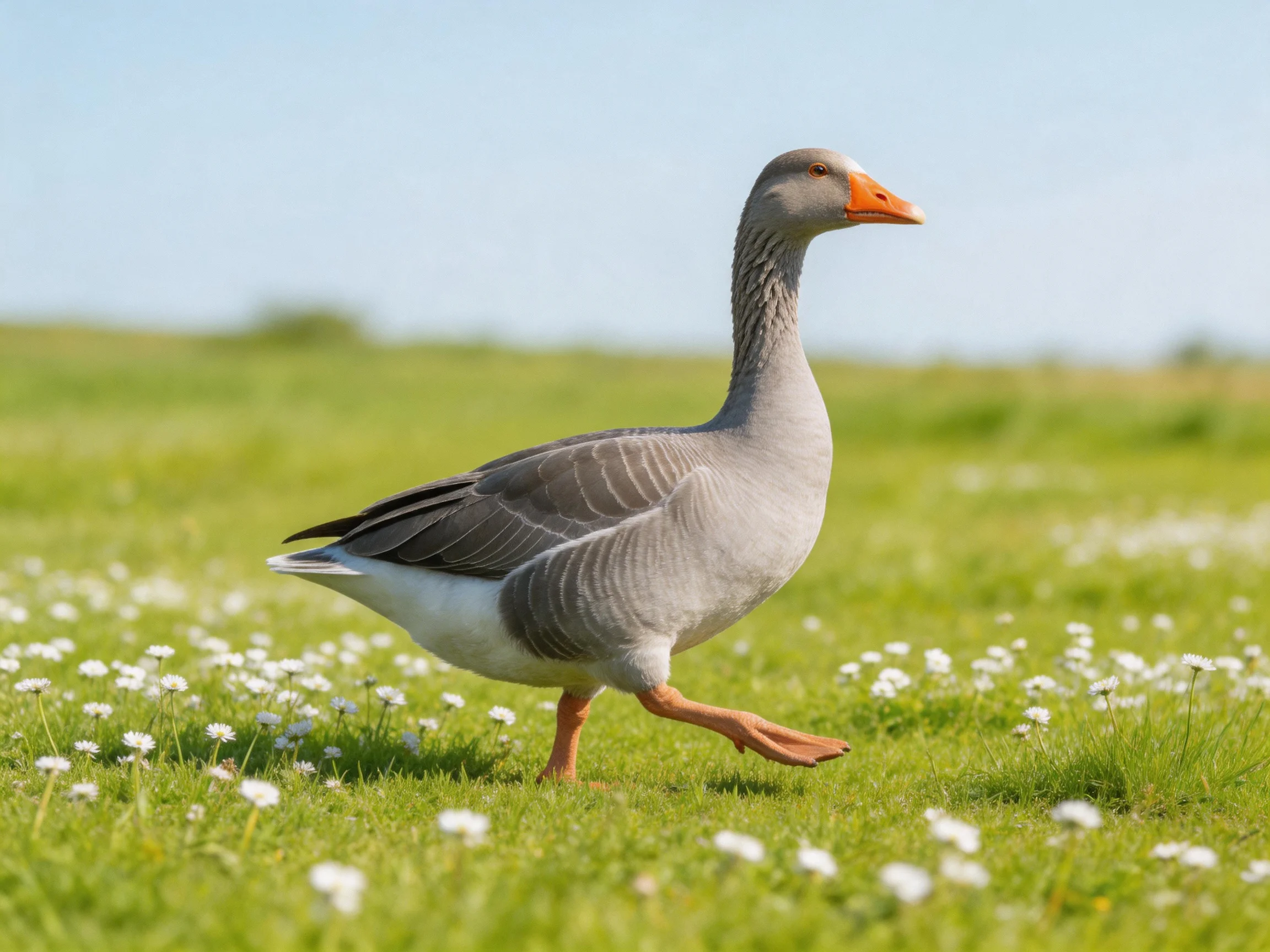 A gray goose with an orange beak walking through a green meadow with white flowers