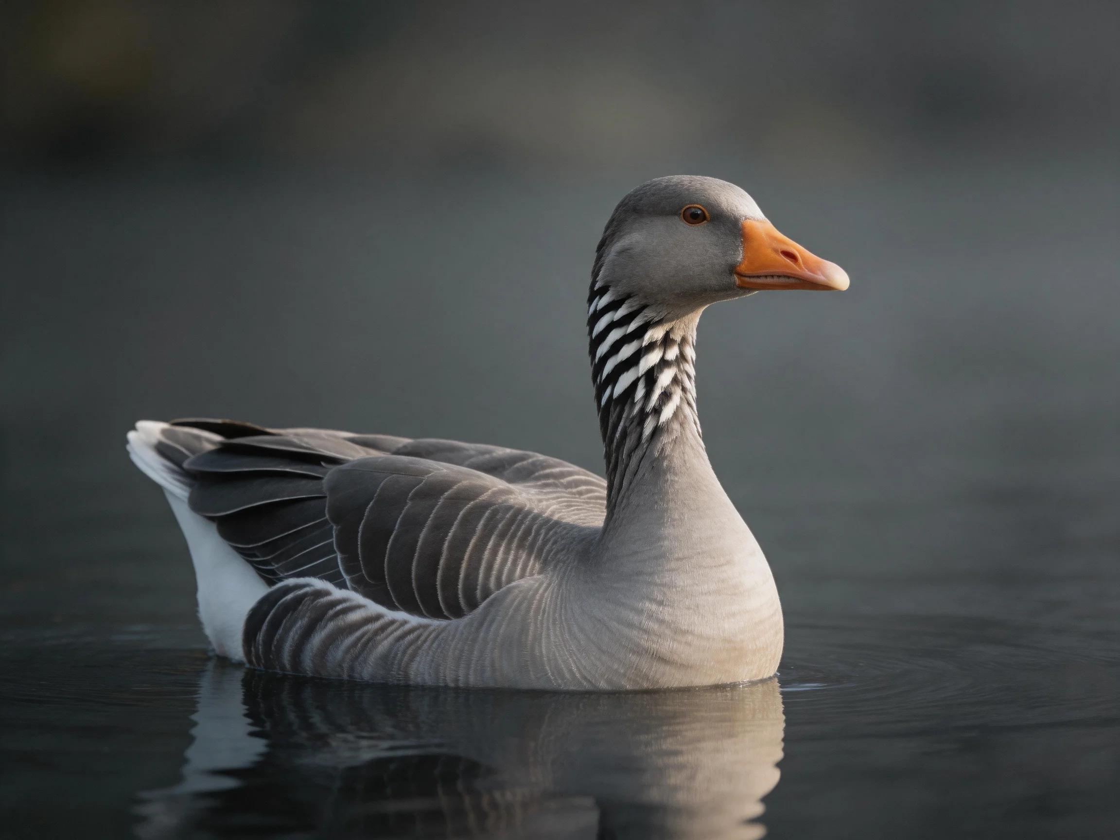 A gray goose with black-and-white neck stripes swims in calm water