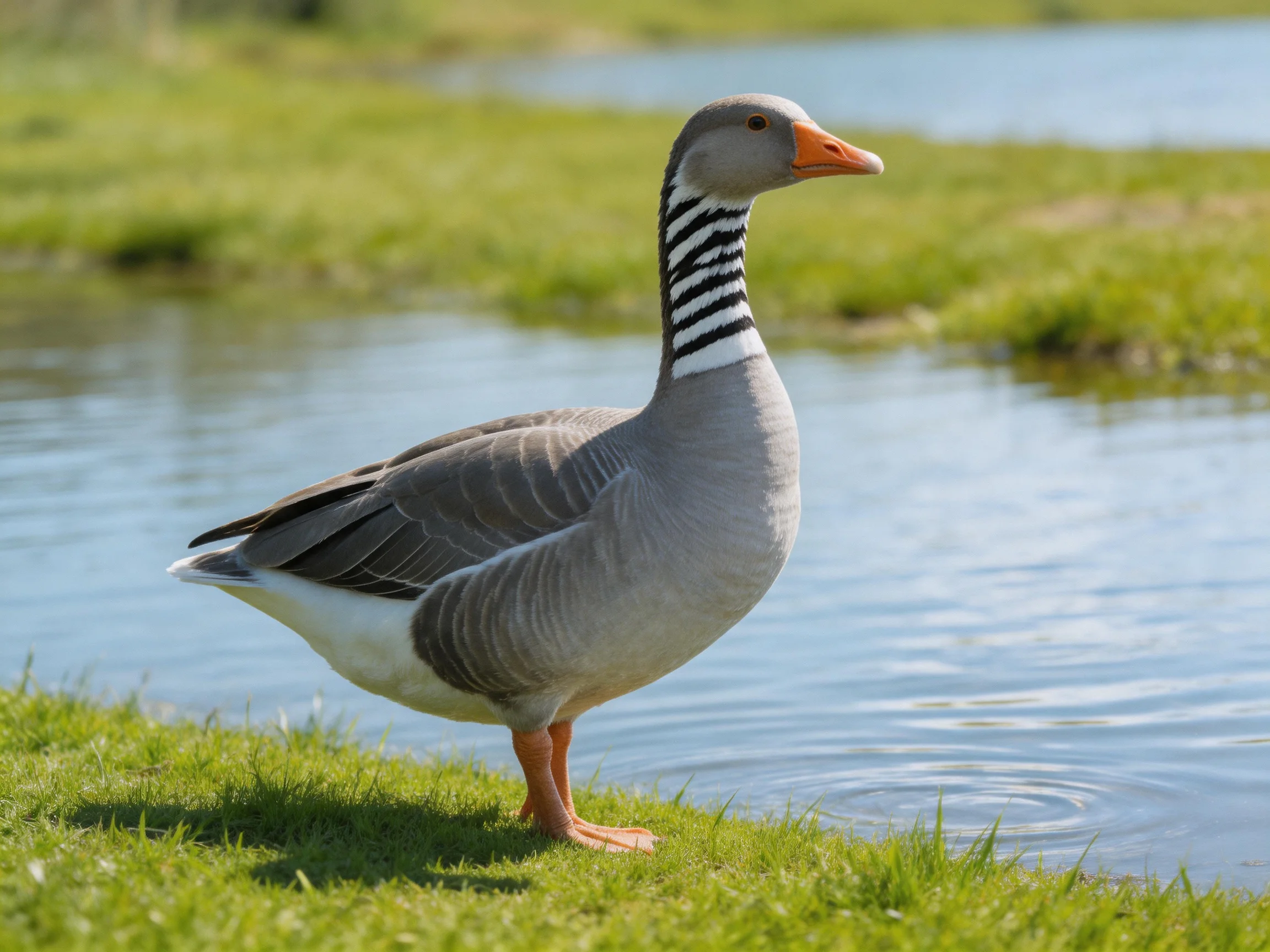 A gray goose with black-and-white stripes stands by calm water