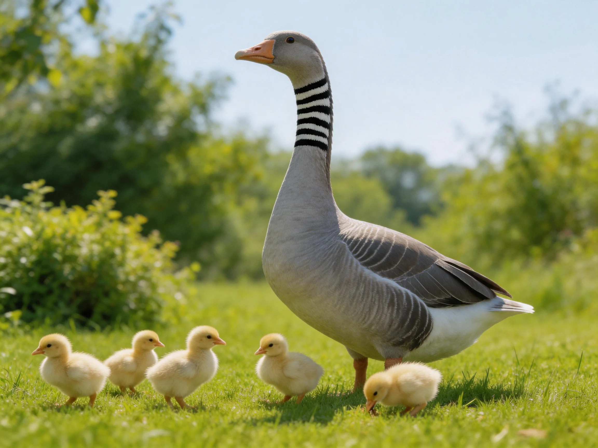 A gray goose with black-striped neck leads five yellow goslings on lush green grass