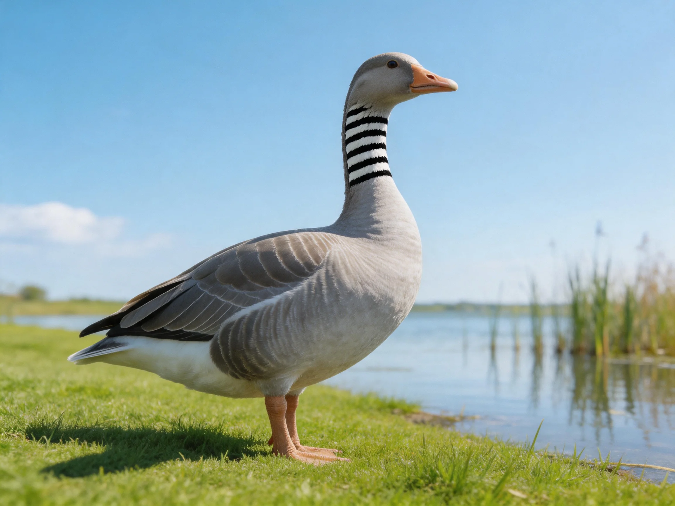 A gray goose with black-striped neck stands on green grass beside calm water