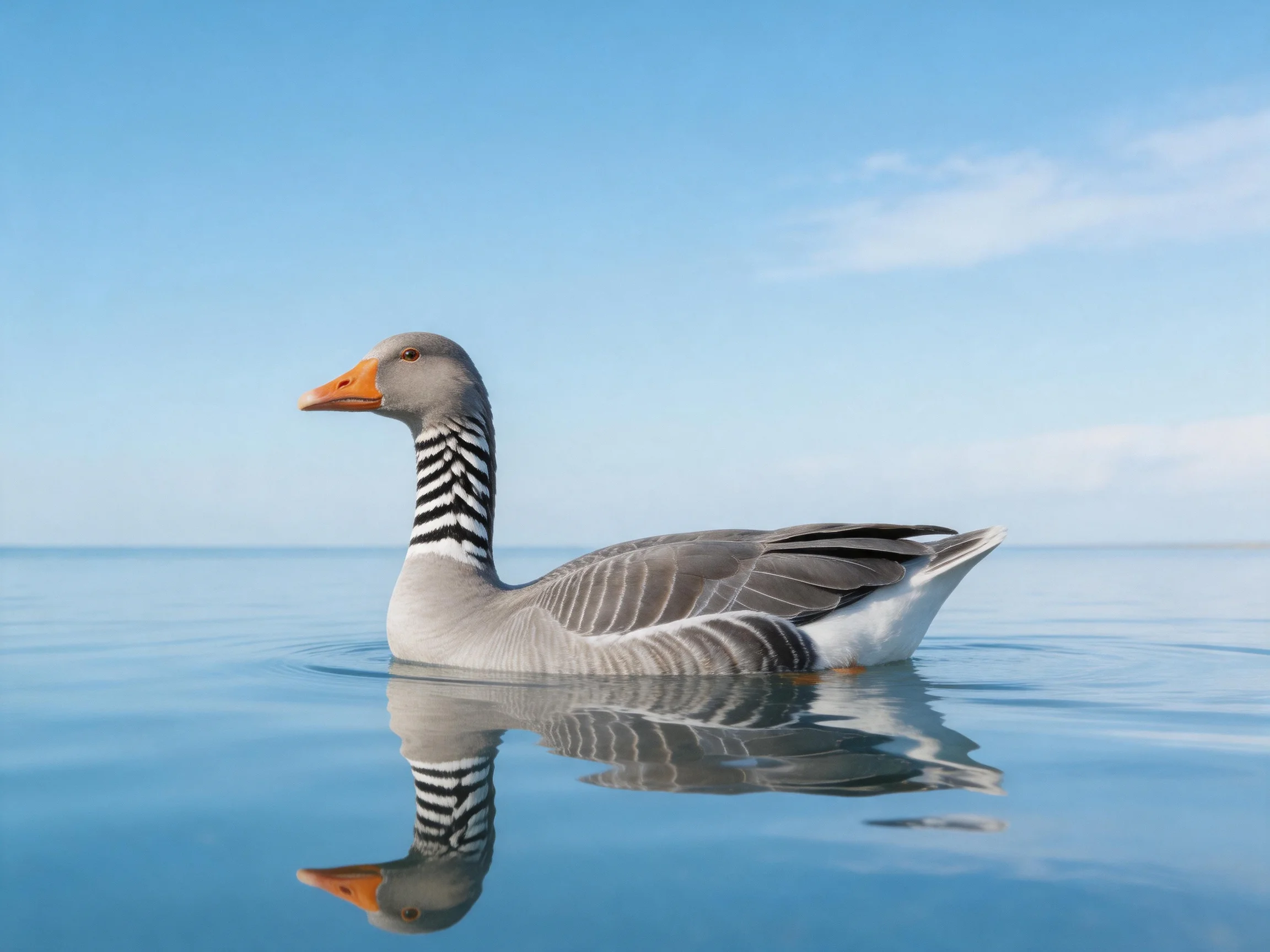A gray goose with black-stripedneck swims in calm blue water under a clear sky