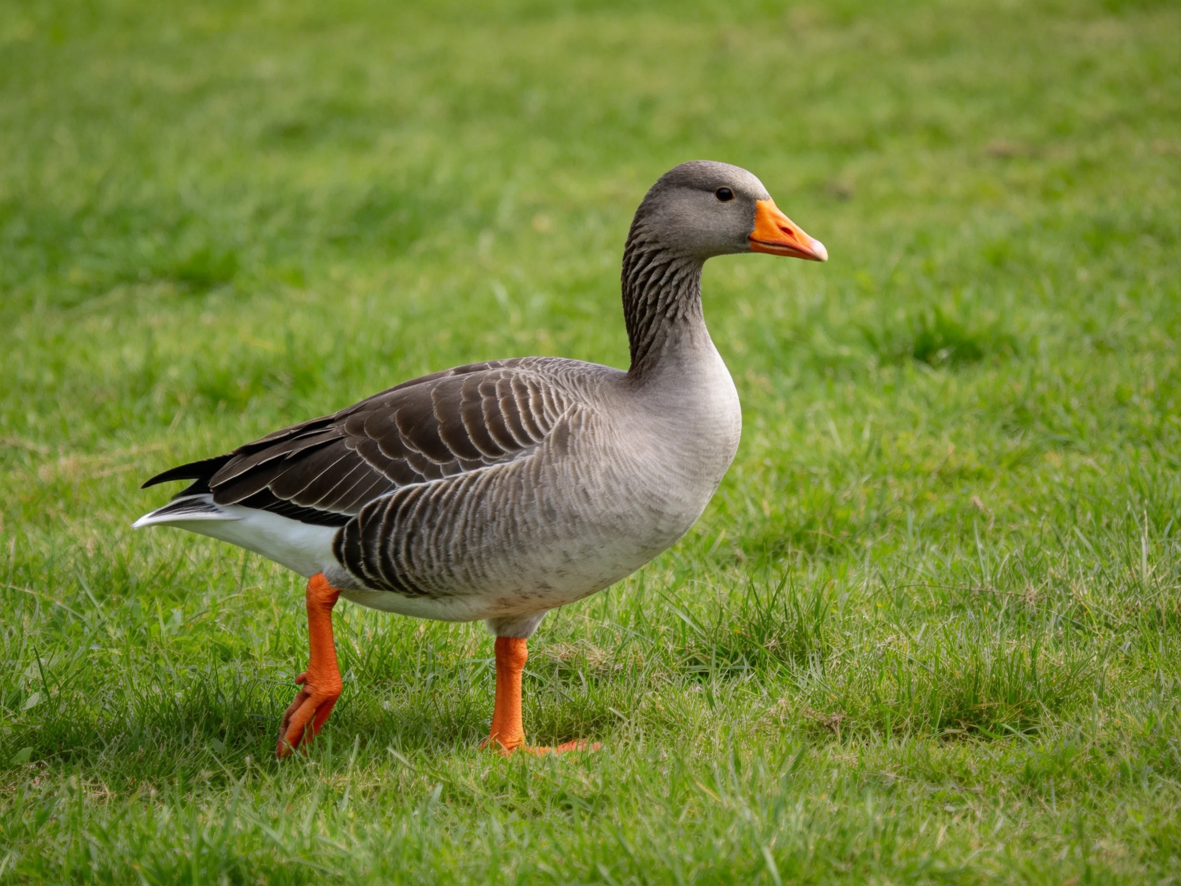 A gray goose with orange beak and feet walks on lush green grass