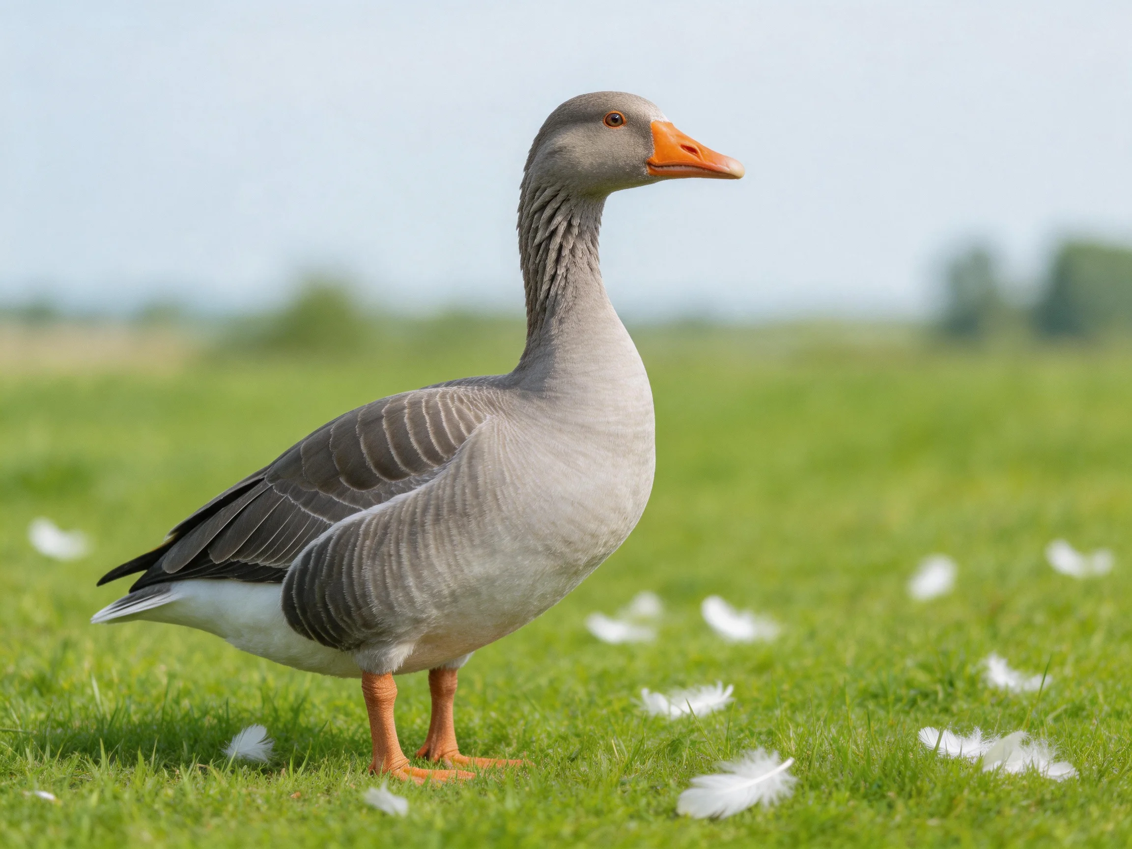 A gray goose with orange beak stands on green grass amid scattered white feathers