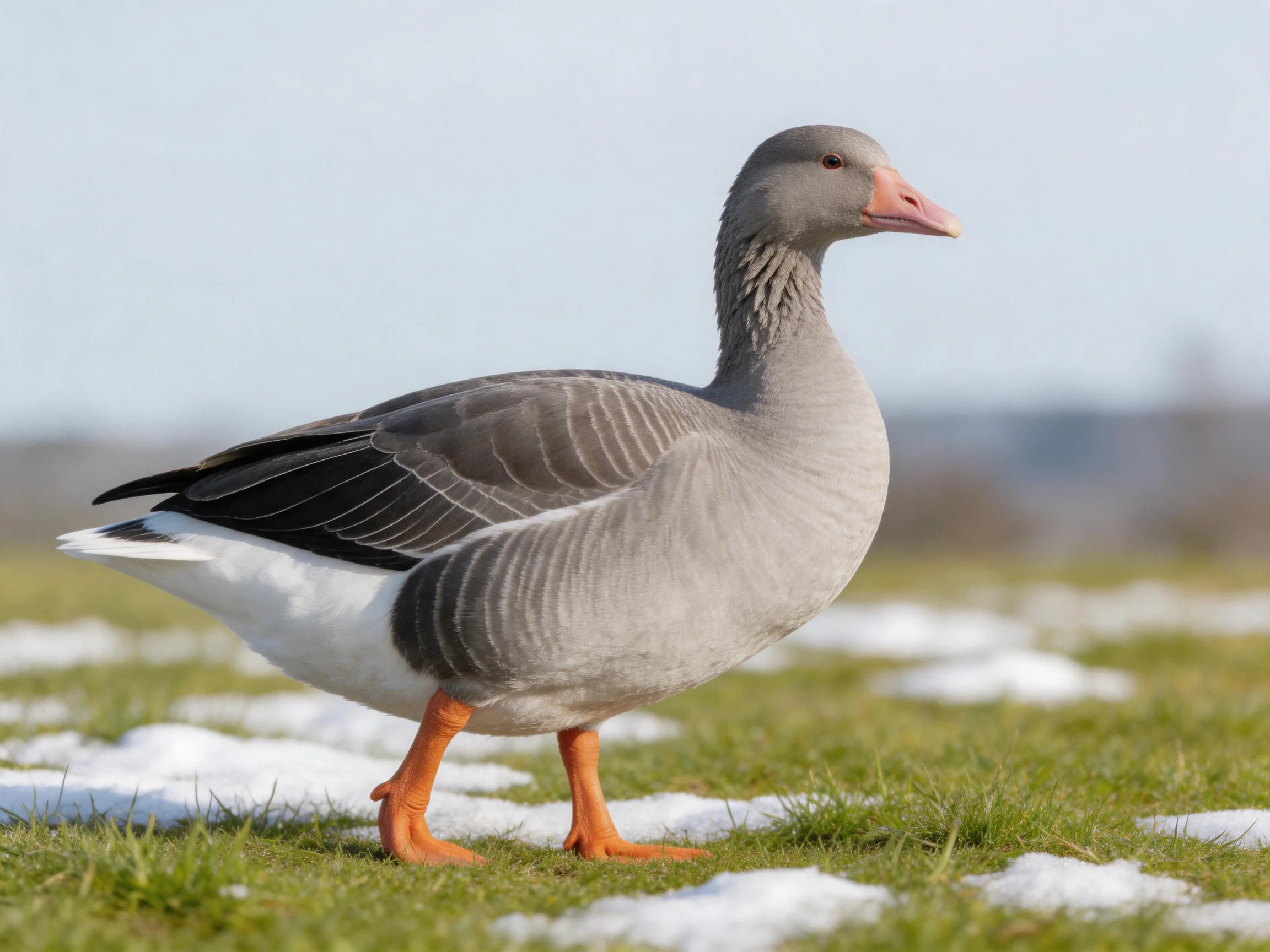 A gray goose with orange feet stands on partially snow-covered grass