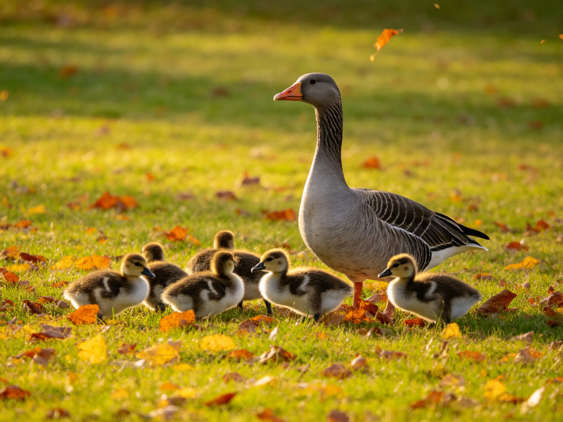 A gray goose with six goslings amid autumn leaves on a sunlit lawn