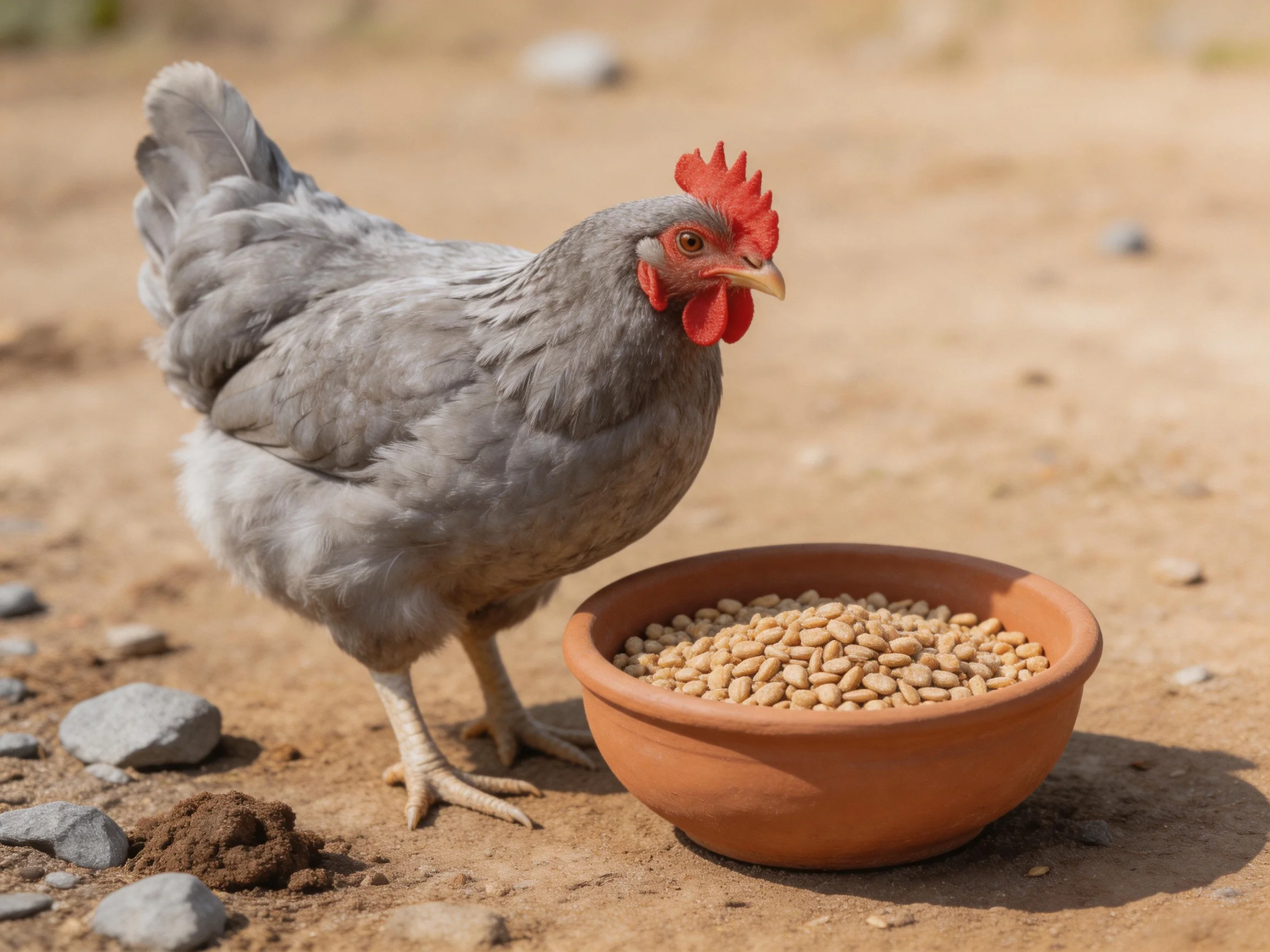 A gray hen stands beside a terracotta bowl of beige grains on sandy ground