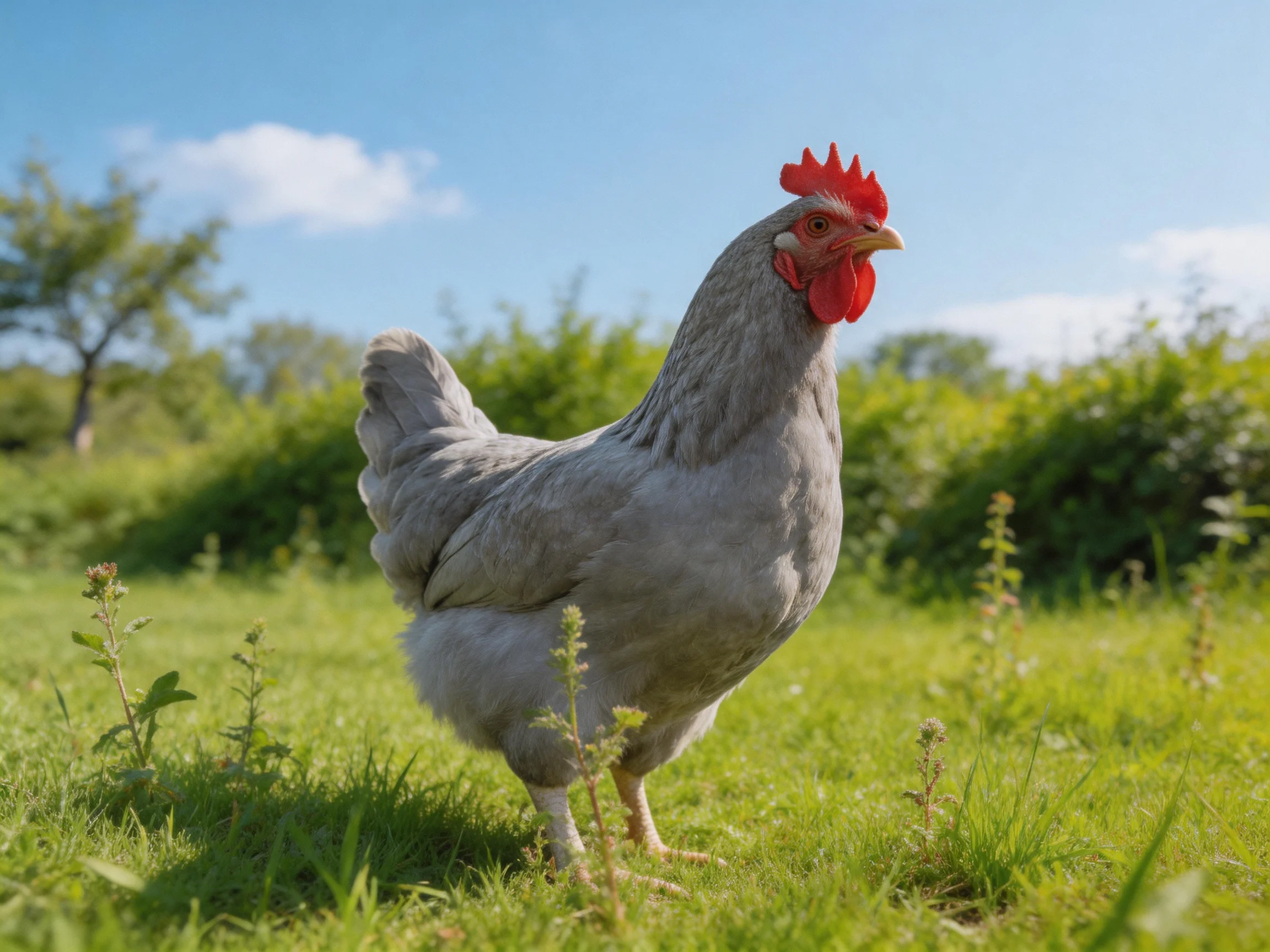 A gray hen with a bright red comb stands in a sunny meadow
