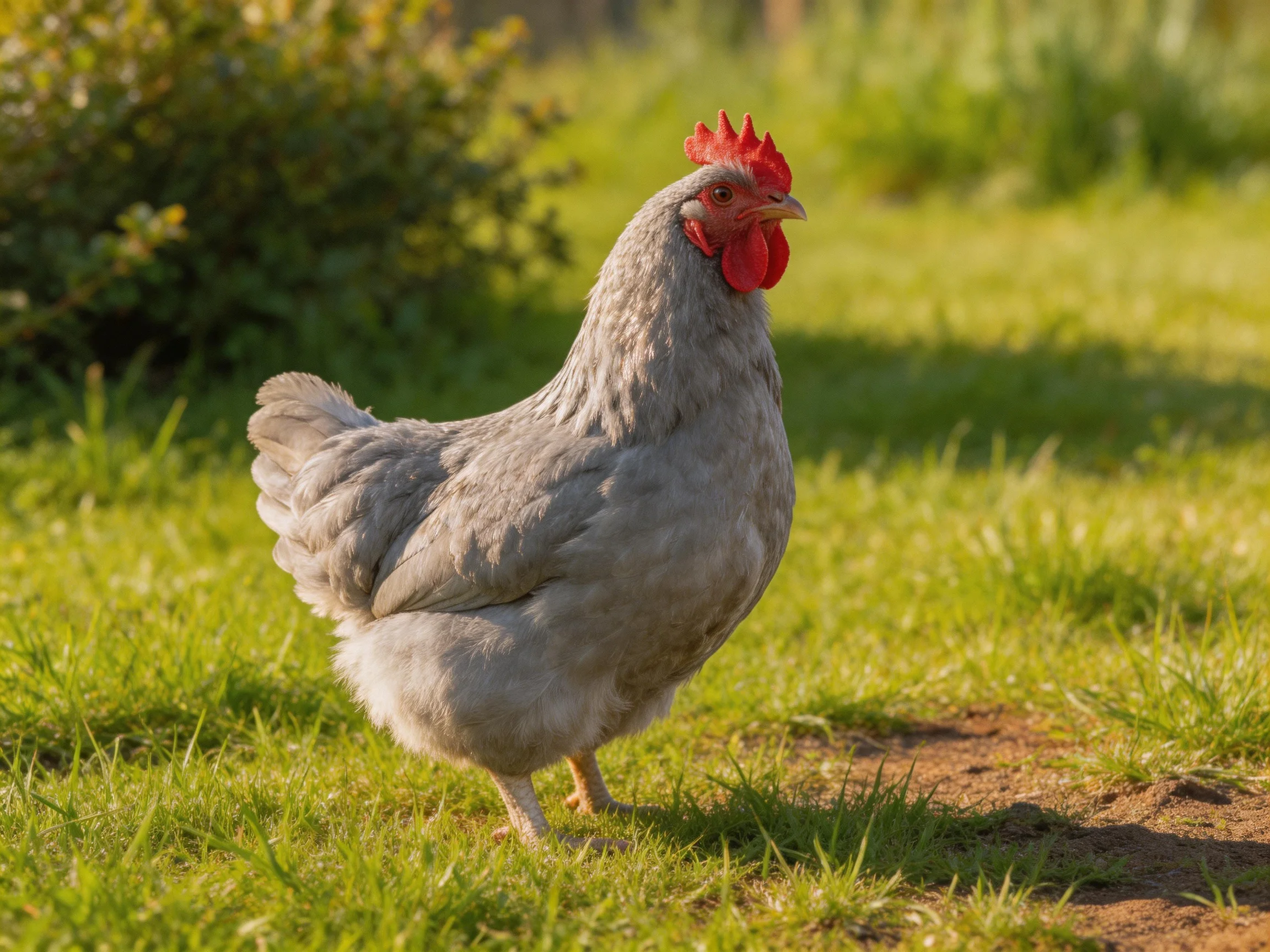 A gray hen with bright red comb stands on sunlit green grass