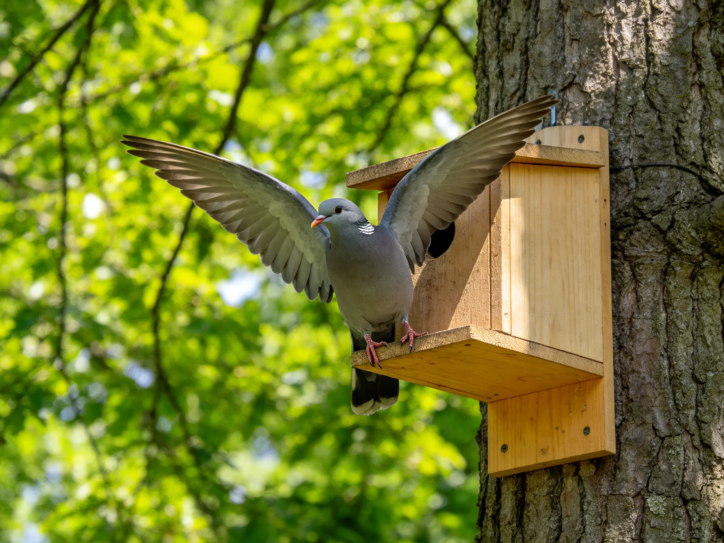 A gray pigeon landing on a wooden birdhouse near a tree