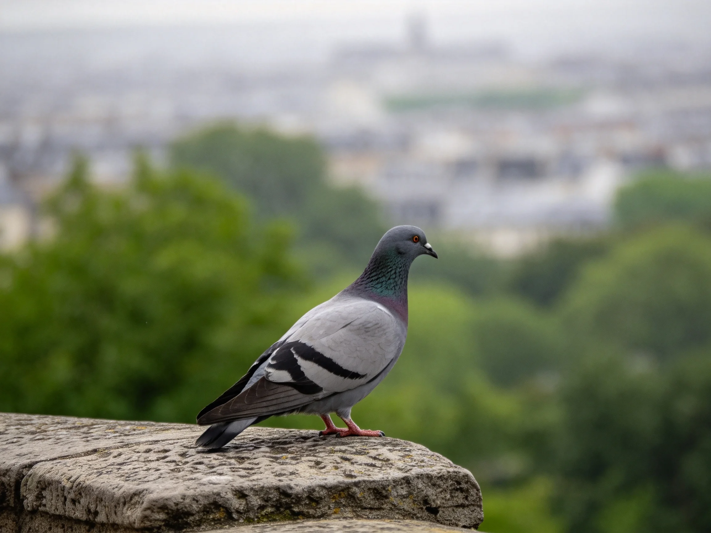 A gray pigeon perches on a weathered stone ledge with a blurred city and greenery