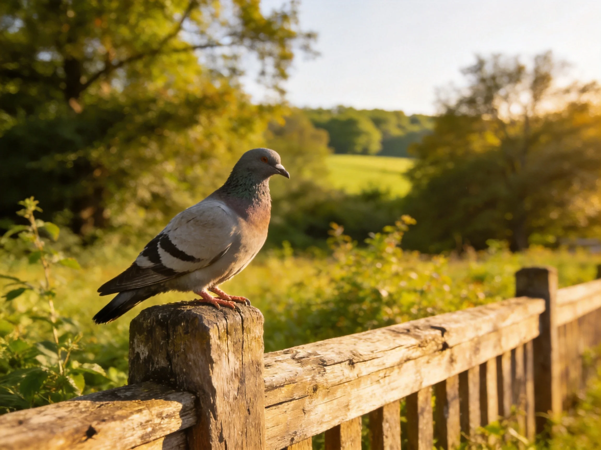 A gray pigeon perches on a weathered wooden fence near lush green fields