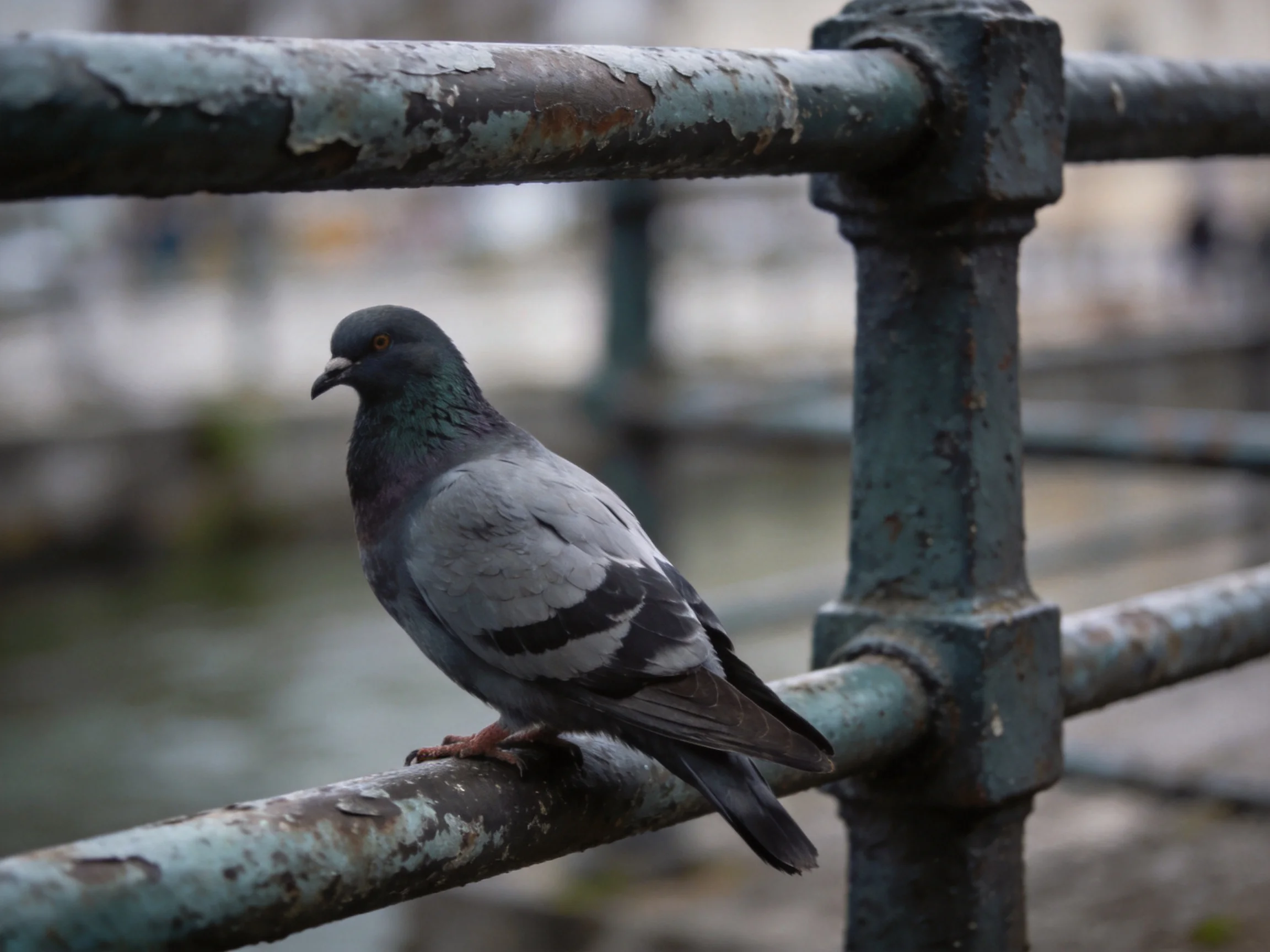 A gray pigeon perches on an aged, peeling metal railing near water