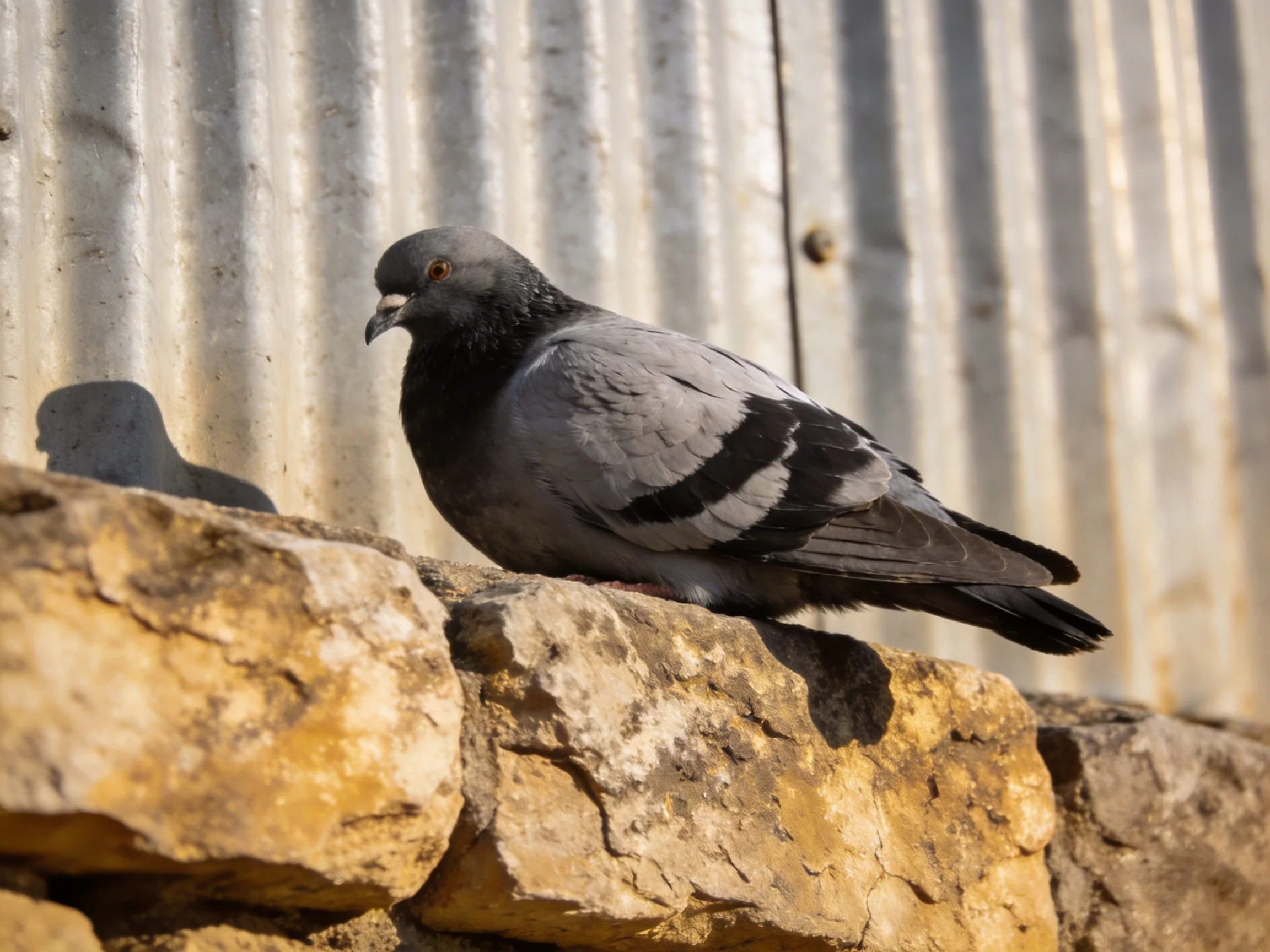 A gray pigeon rests on a weathered stone wall beside corrugated metal