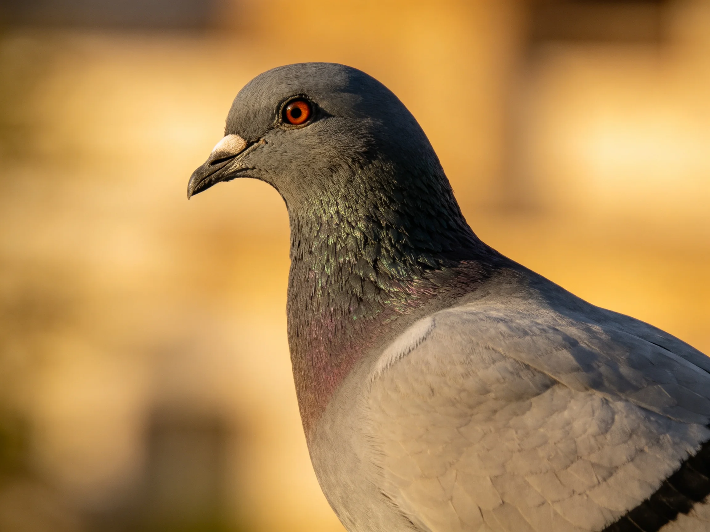 A gray pigeon with a reddish eye in a warm, blurred background