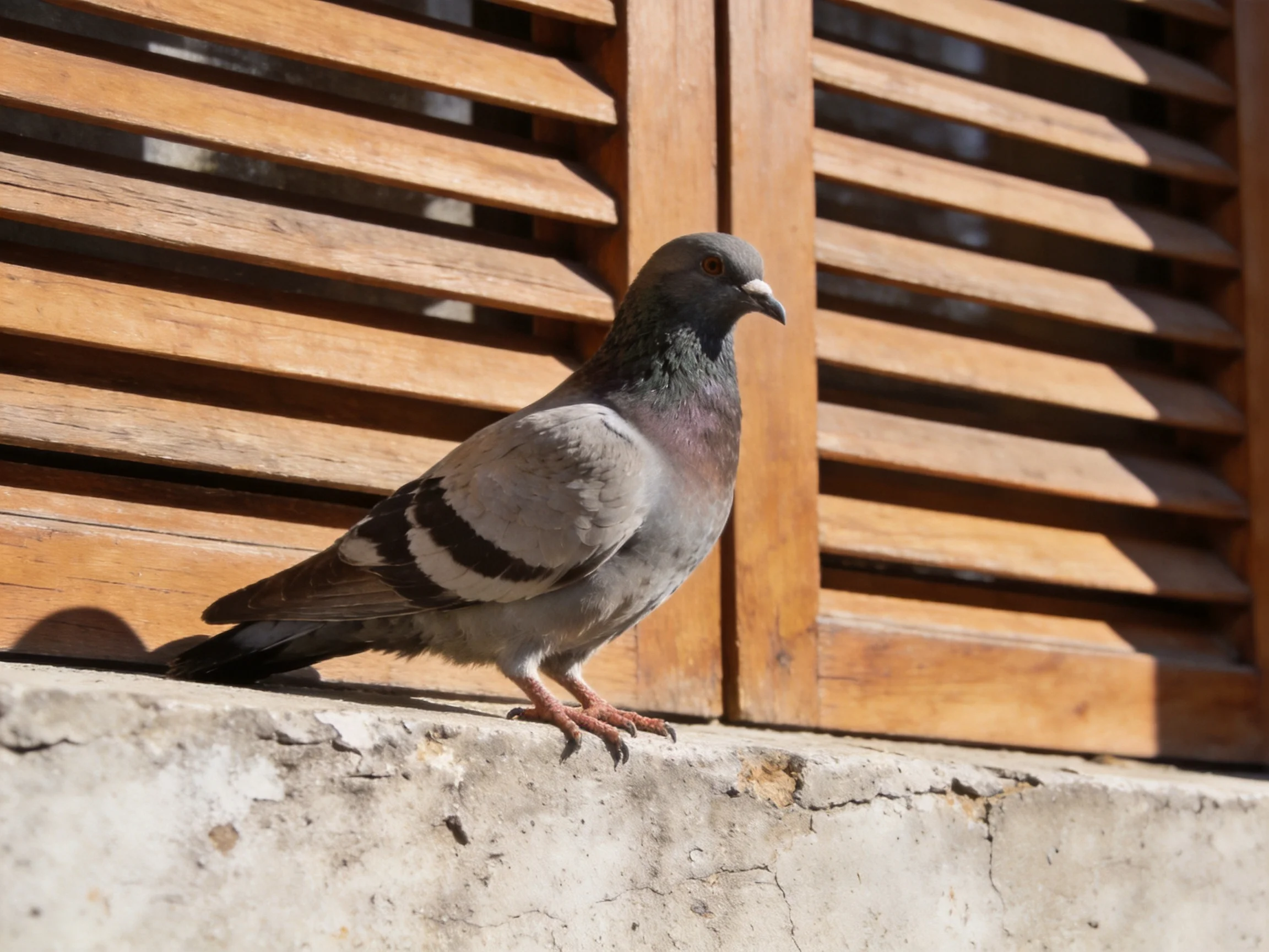 A gray pigeon with black-striped wings perched on a concrete ledge near wooden shutters