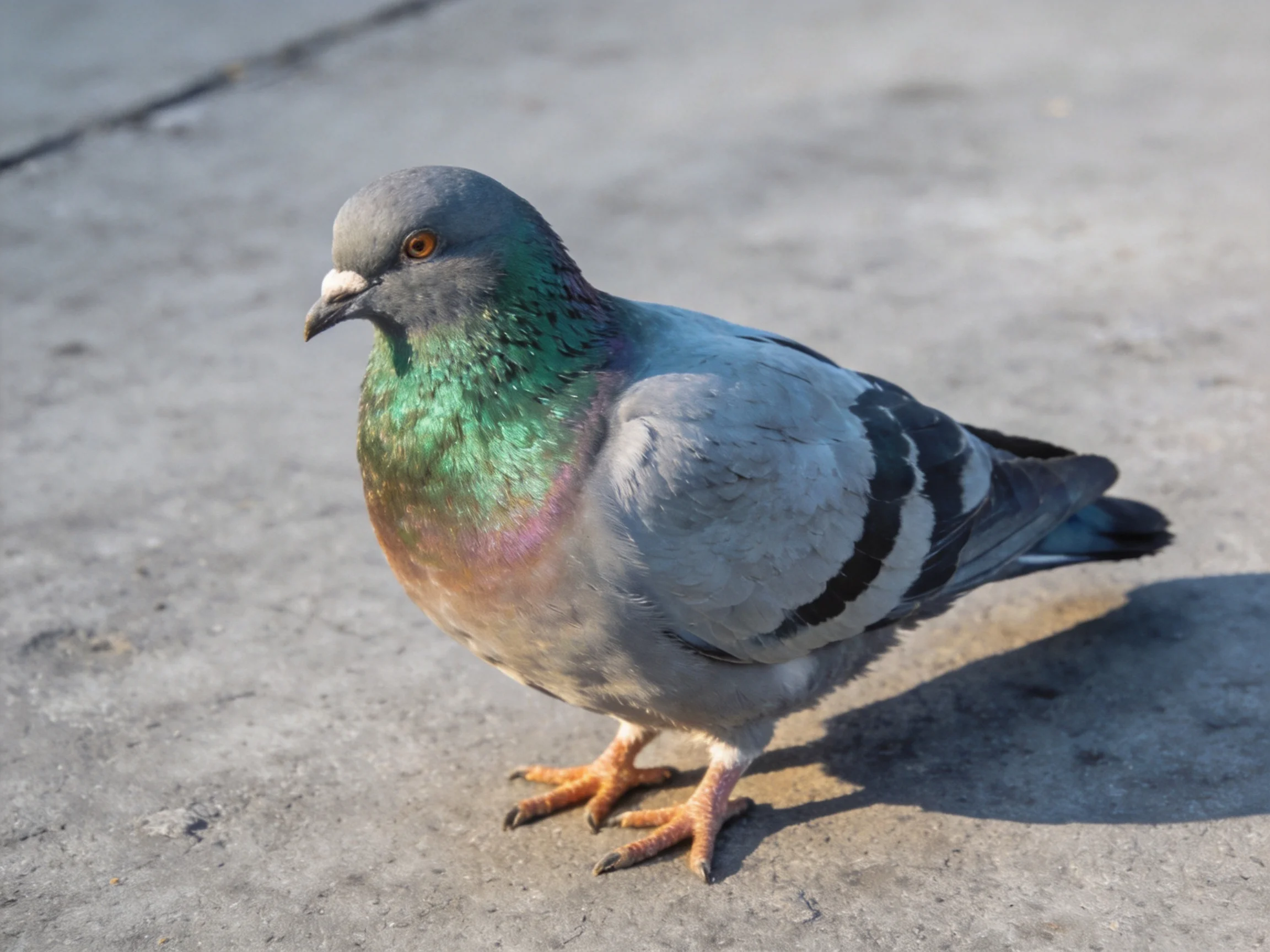 A gray pigeon with green iridescent neck on concrete surface