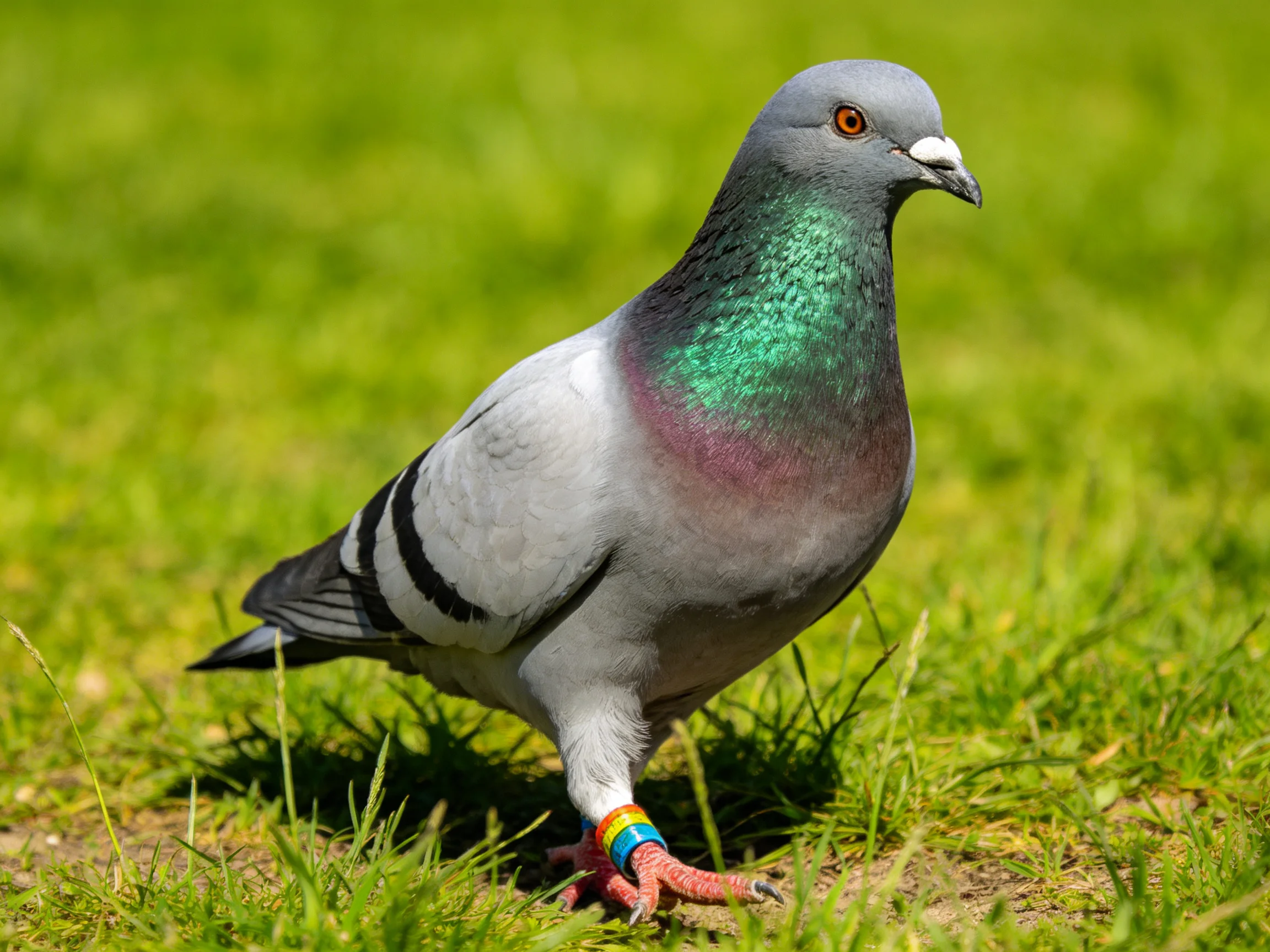 A gray pigeon with iridescent neck and colorful leg band on lush green grass