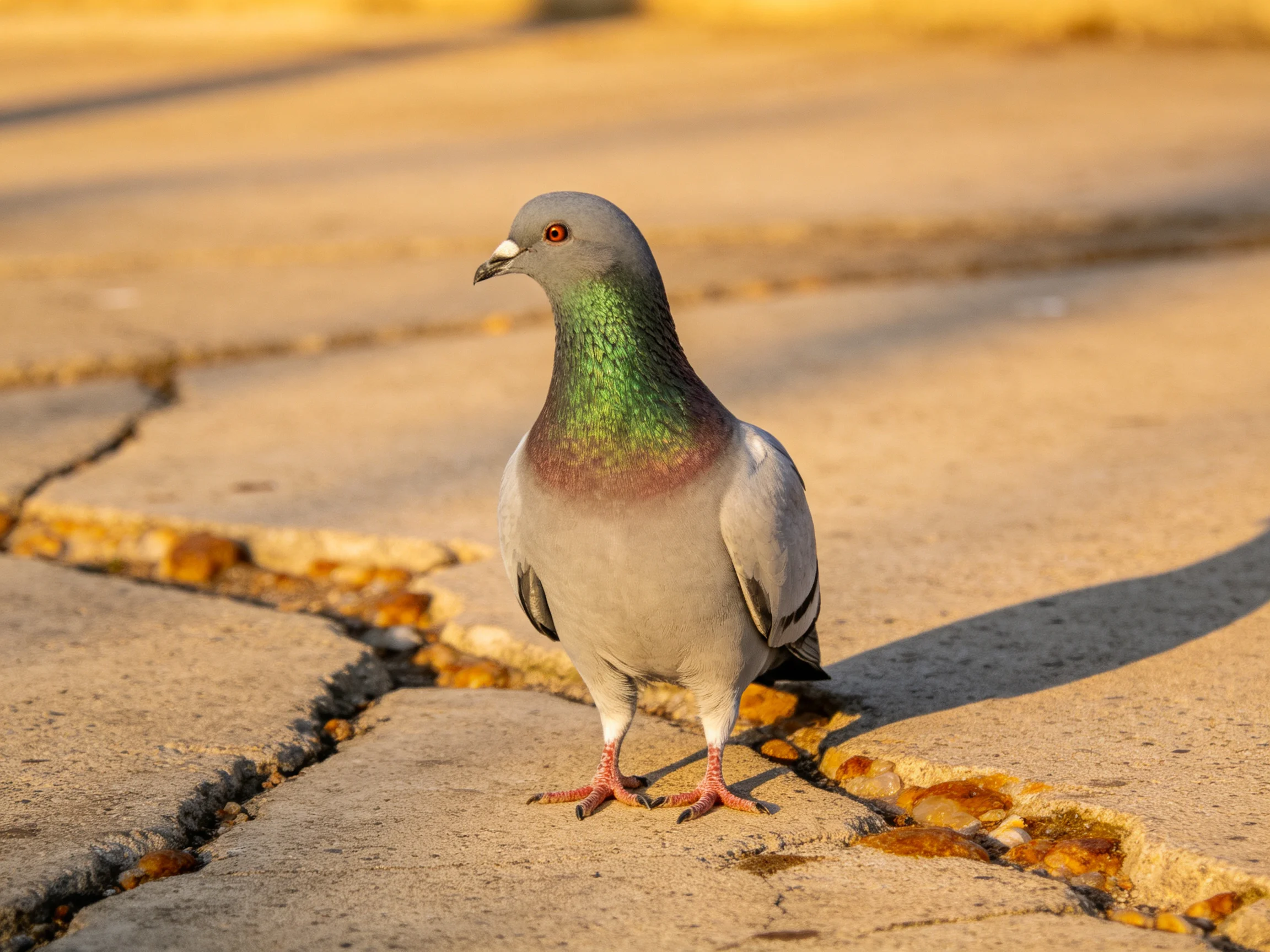 A gray pigeon with iridescent neck stands on cracked pavement