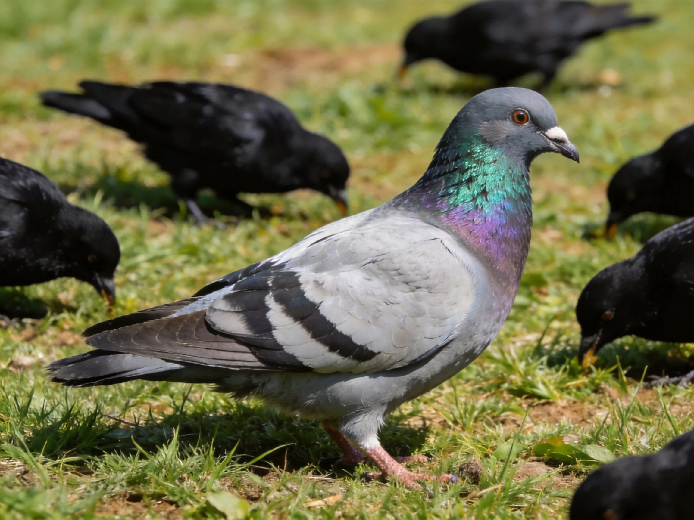 A gray pigeon with iridescent plumage among black birds on grass