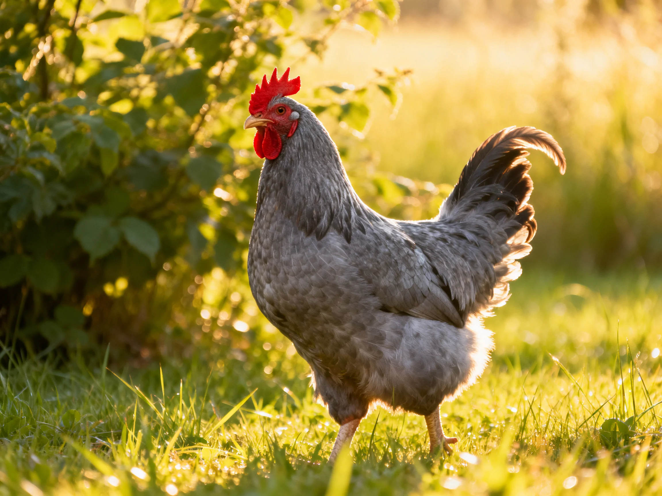 A gray rooster with a red comb explores sunlit grass near foliage