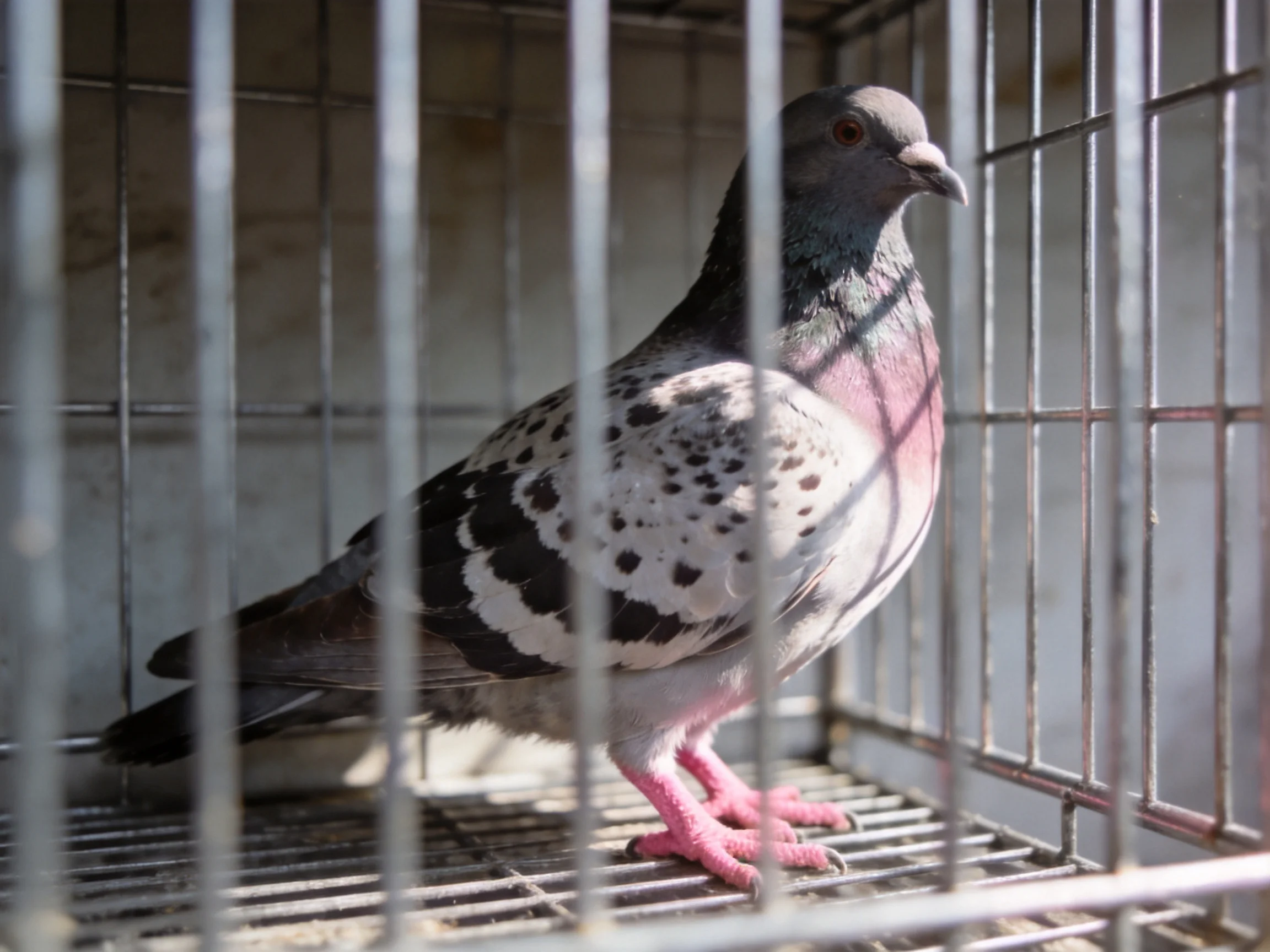 A gray-spotted pigeon with pink feet inside a metal cage
