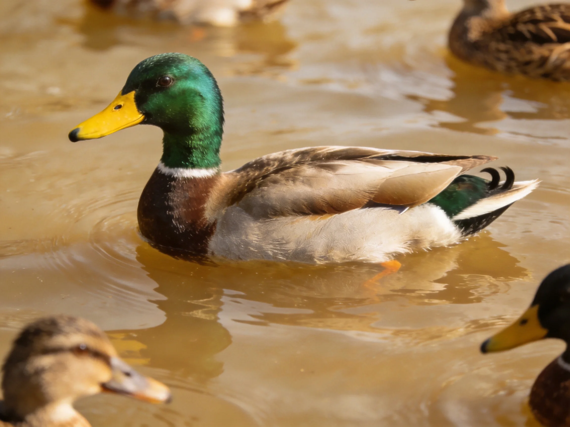A green-headed mallard duck swims among ducks in murky water