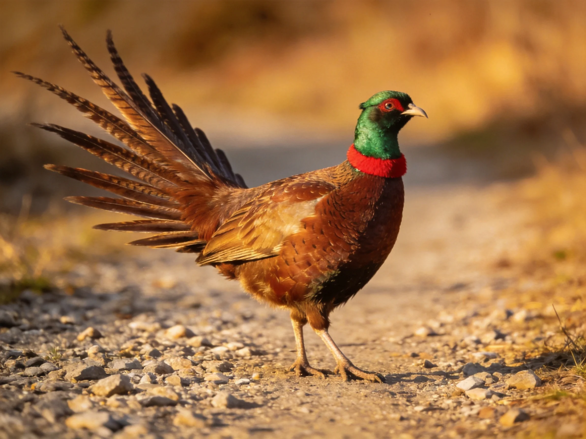 A green-headed pheasant with red neck band on a sunlit gravel path
