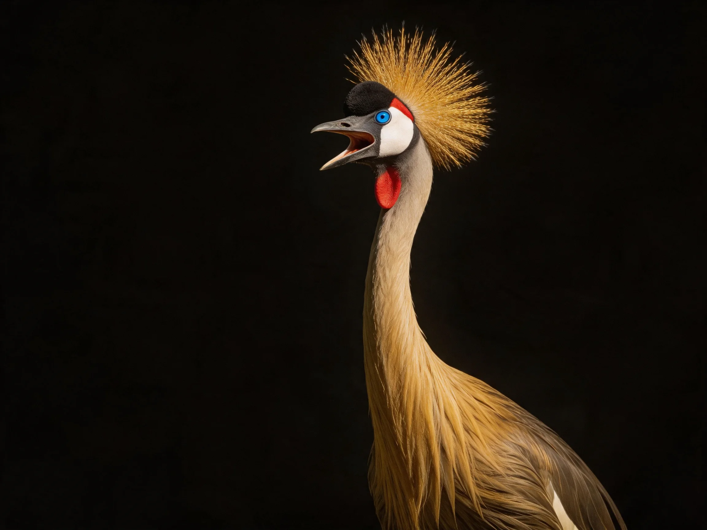 A grey crowned crane with golden crest and colorful facial features
