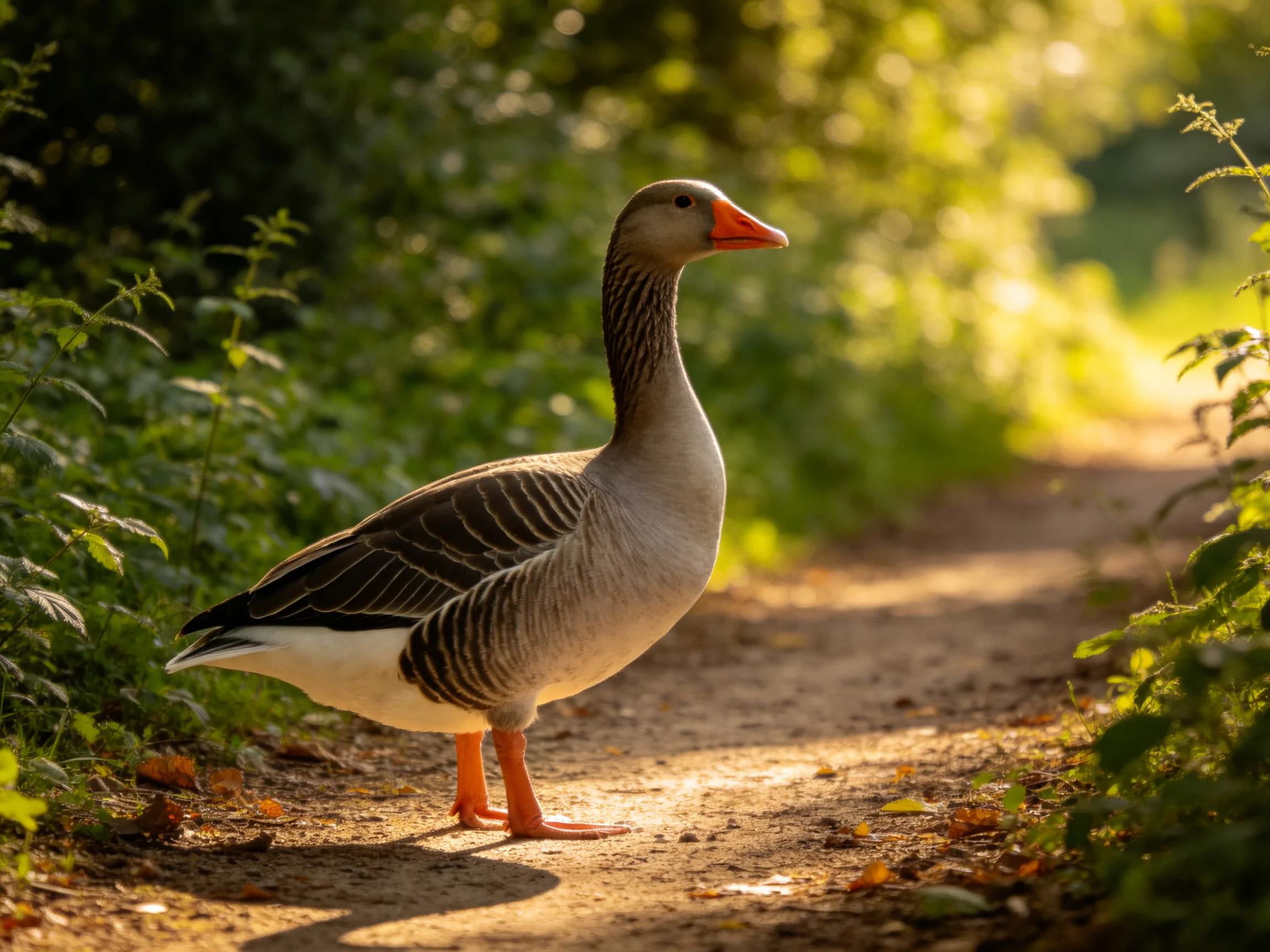A greylag goose with orange beak stands on sunlit forest path