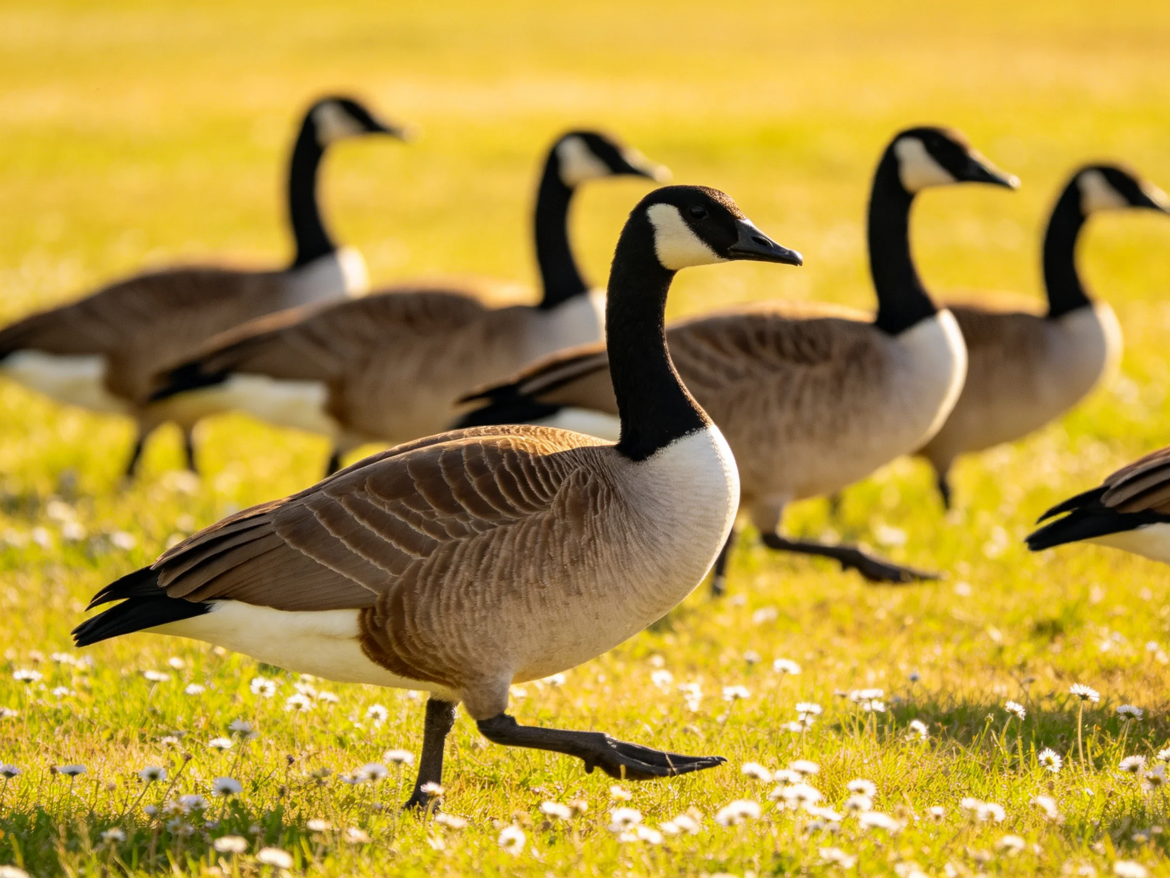 A group of Canada geese walking through a sunlit grassy meadow