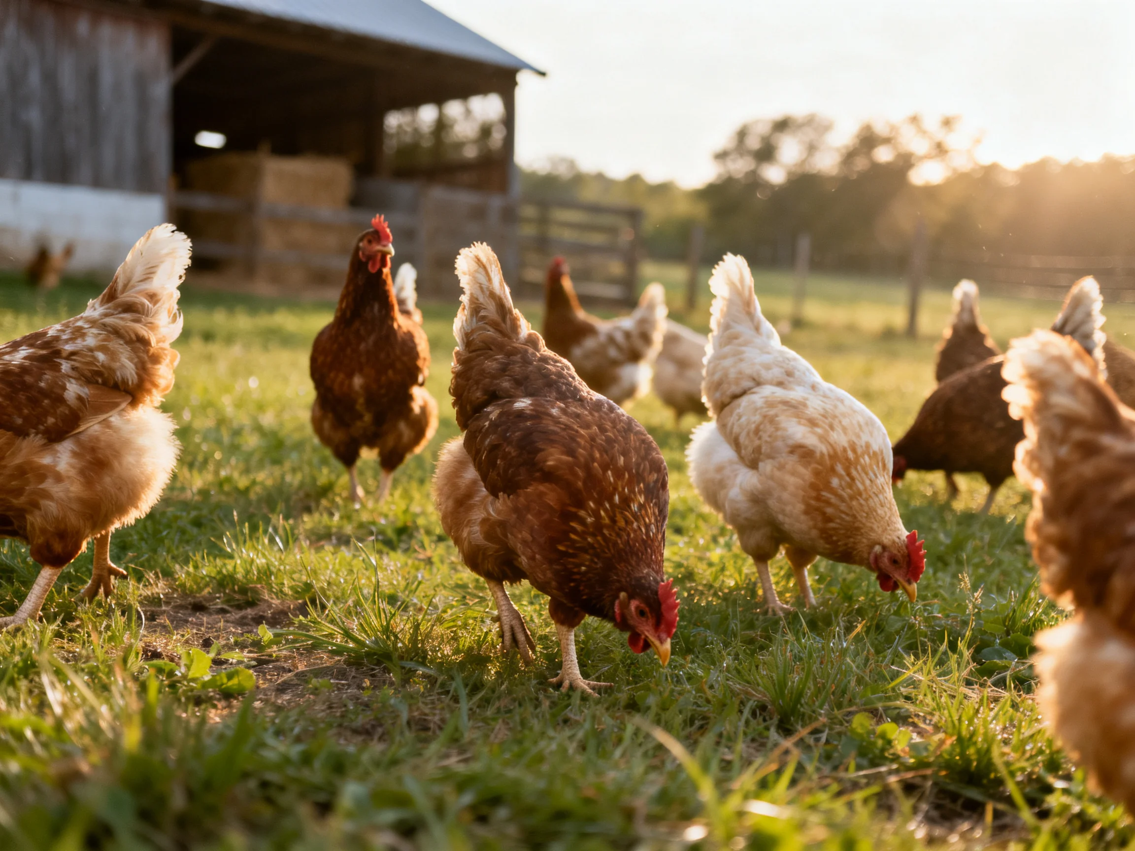 A group of brown and white chickens forages in a sunlit farmyard