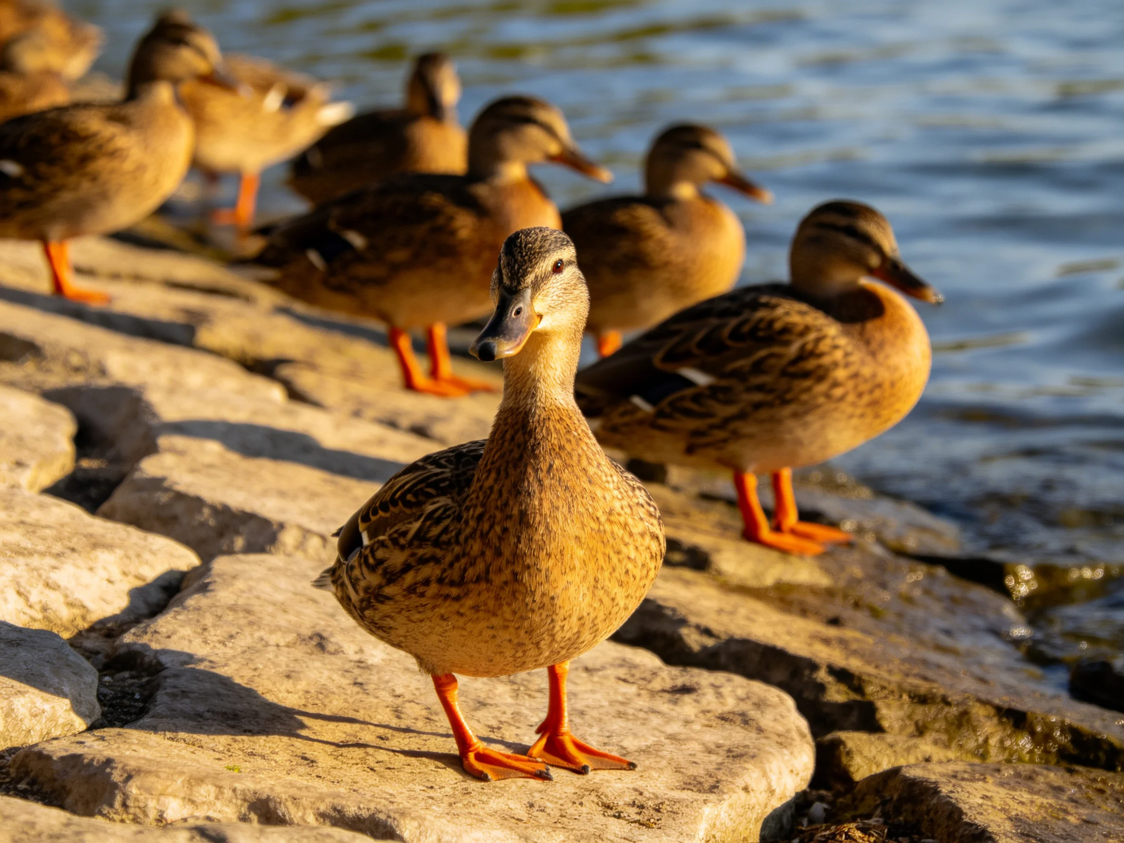 A group of brown ducks with orange feet gathered by a rocky shoreline