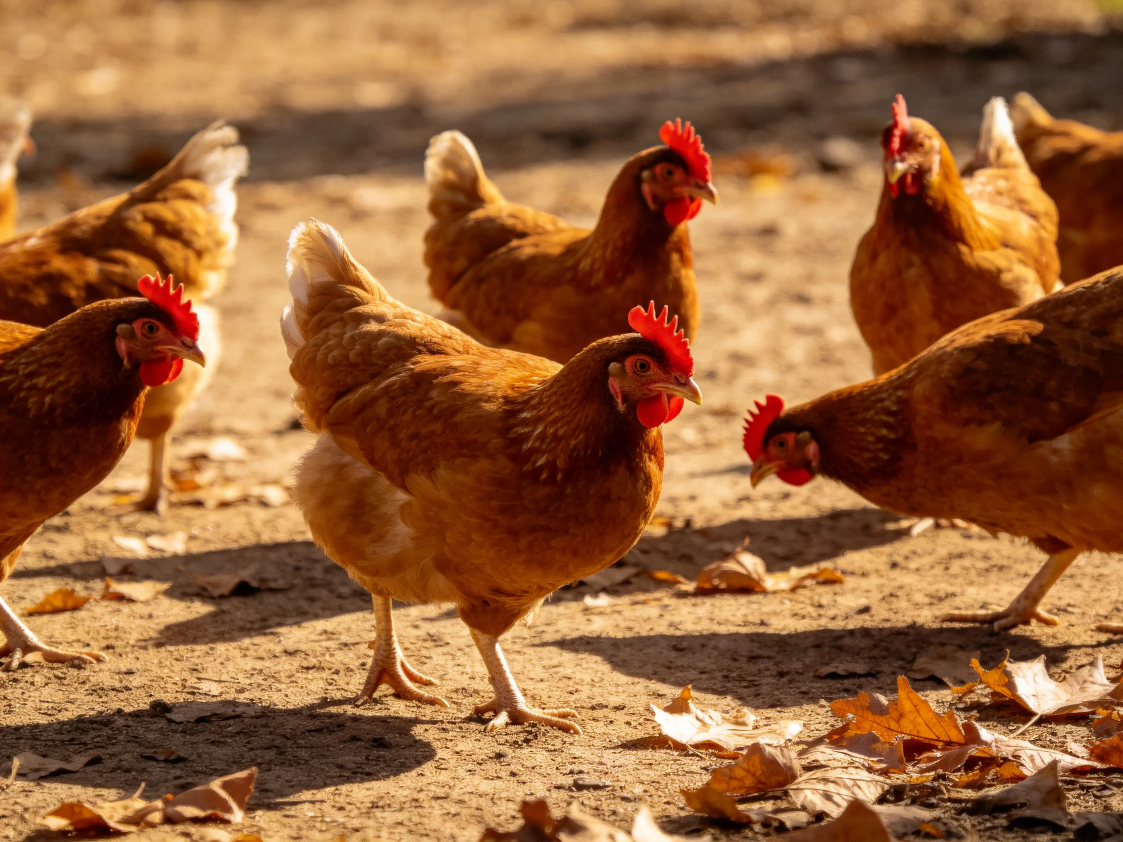 A group of brown hens forages on a dirt path with fallen leaves