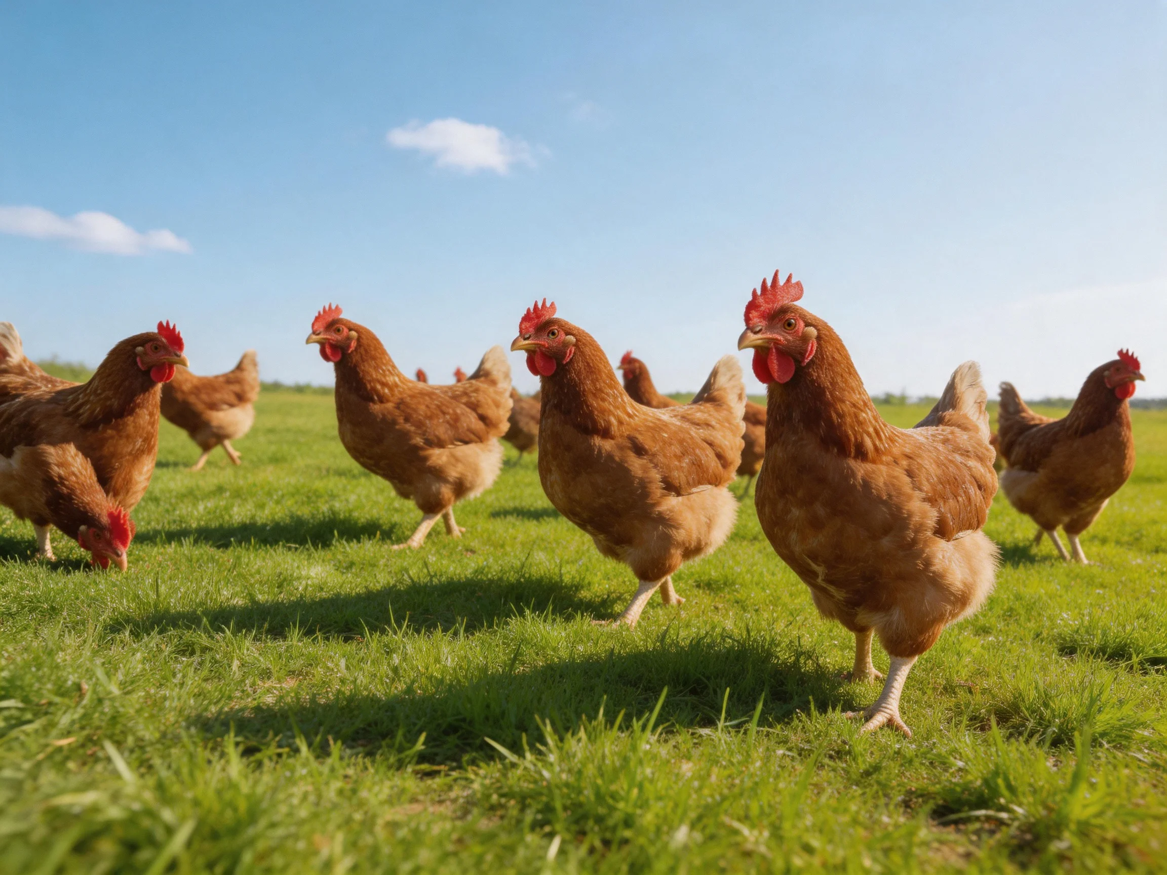 A group of brown hens foraging in a lush green pasture under clear blue sky