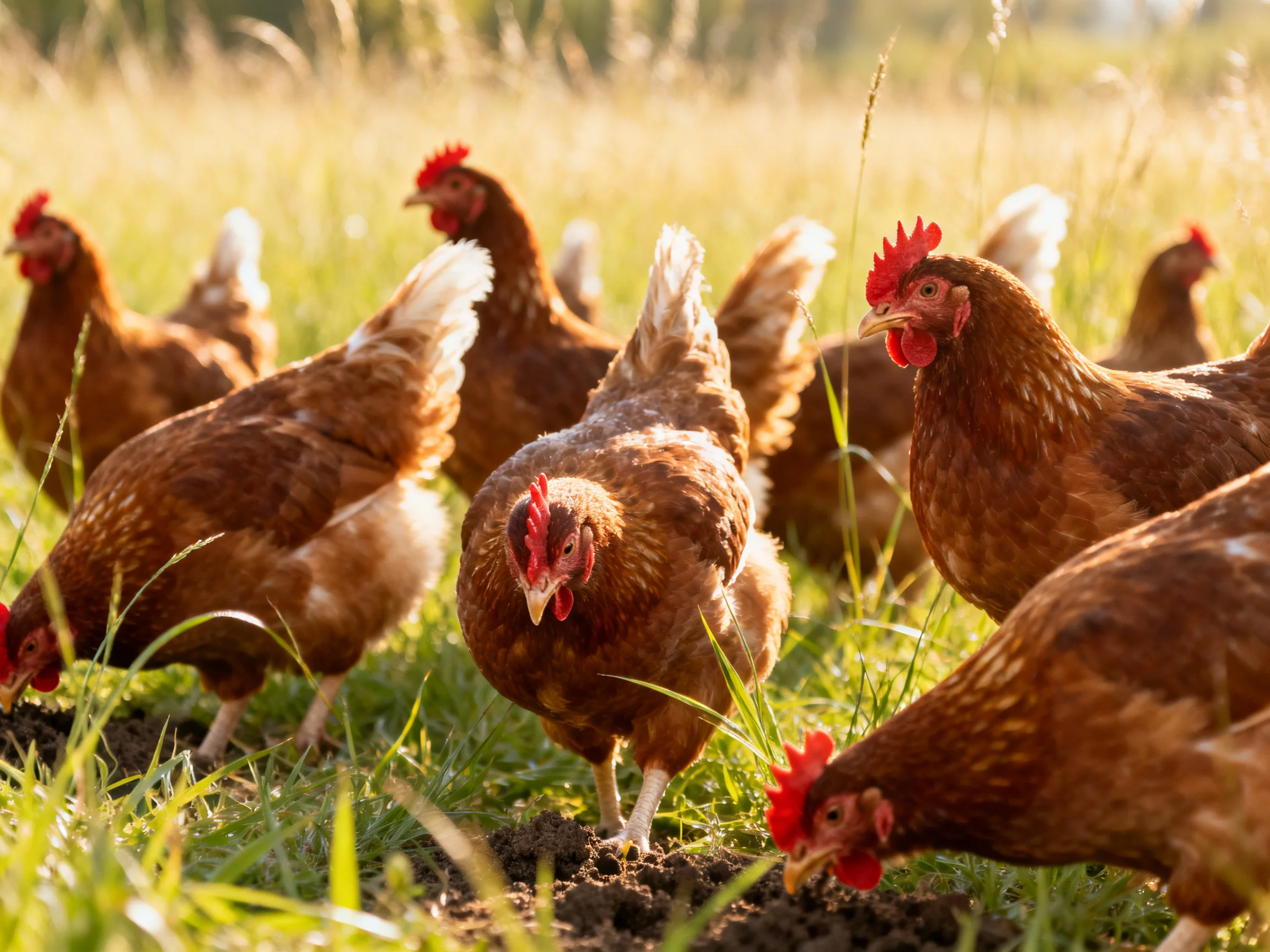 A group of brown hens foraging in a sunlit grassy field