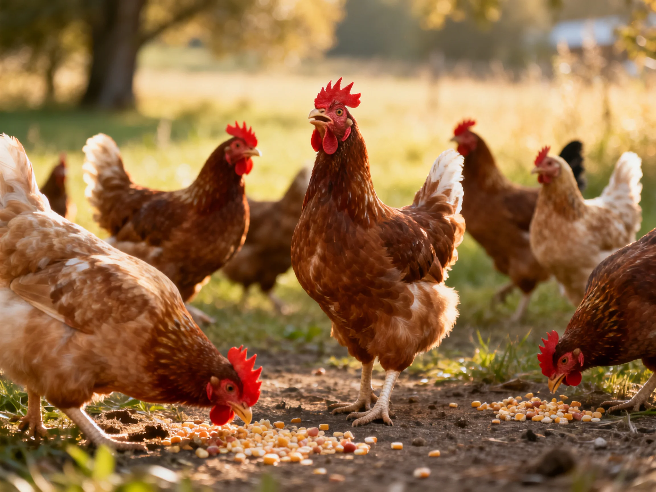 A group of brown hens pecking seeds near scattered food in a sunlit field