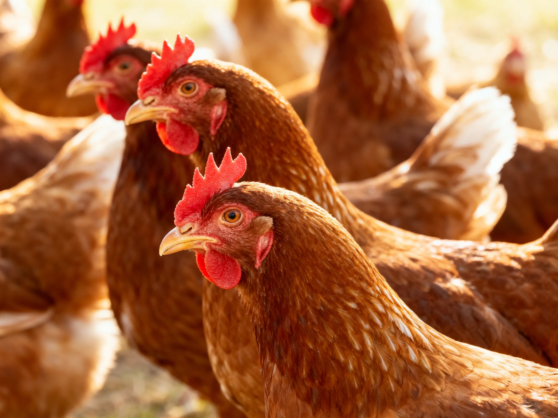 A group of brown hens with vibrant red combs gathered outdoors