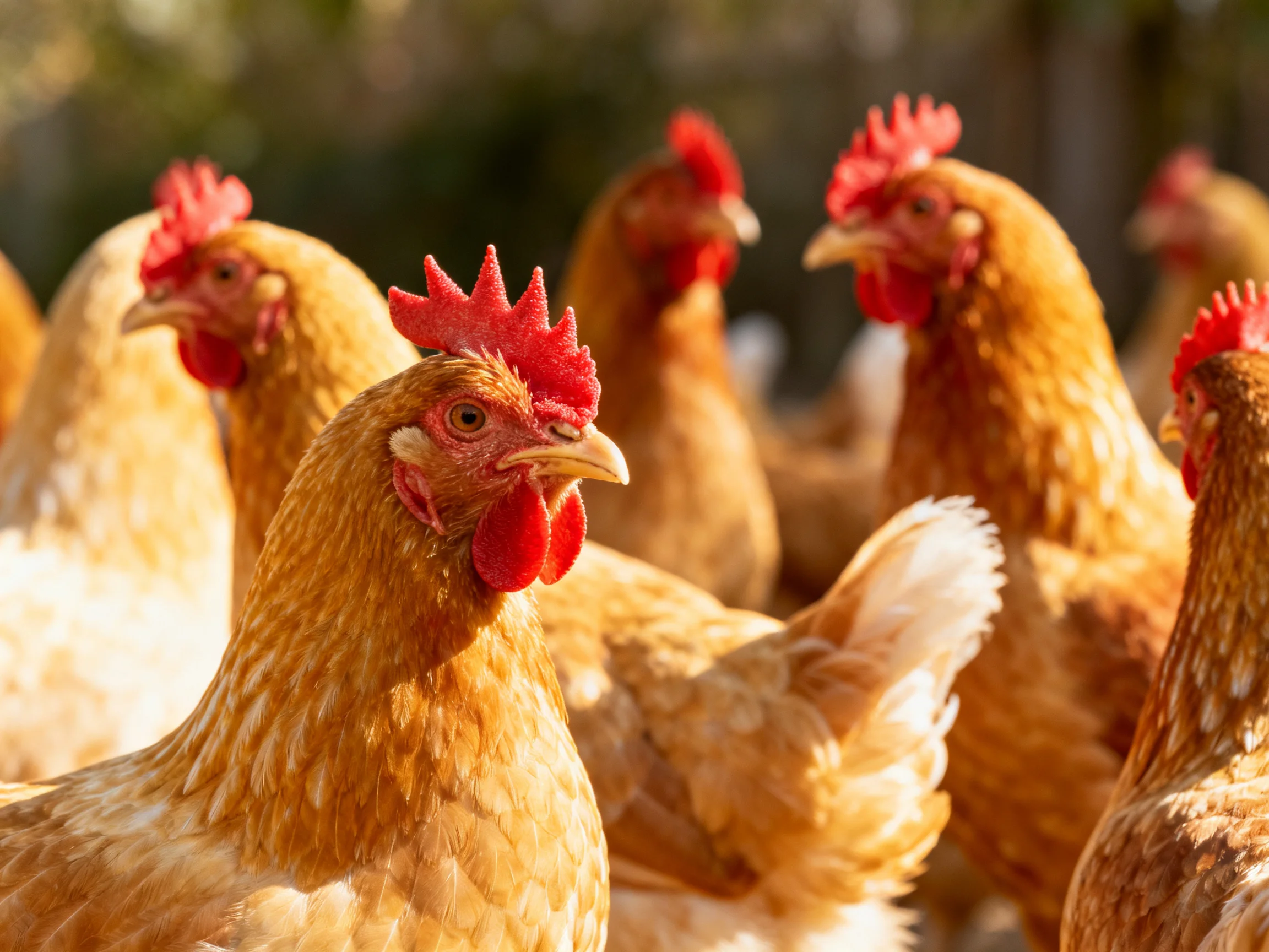 A group of brown hens with vibrant red combs gathered outdoors