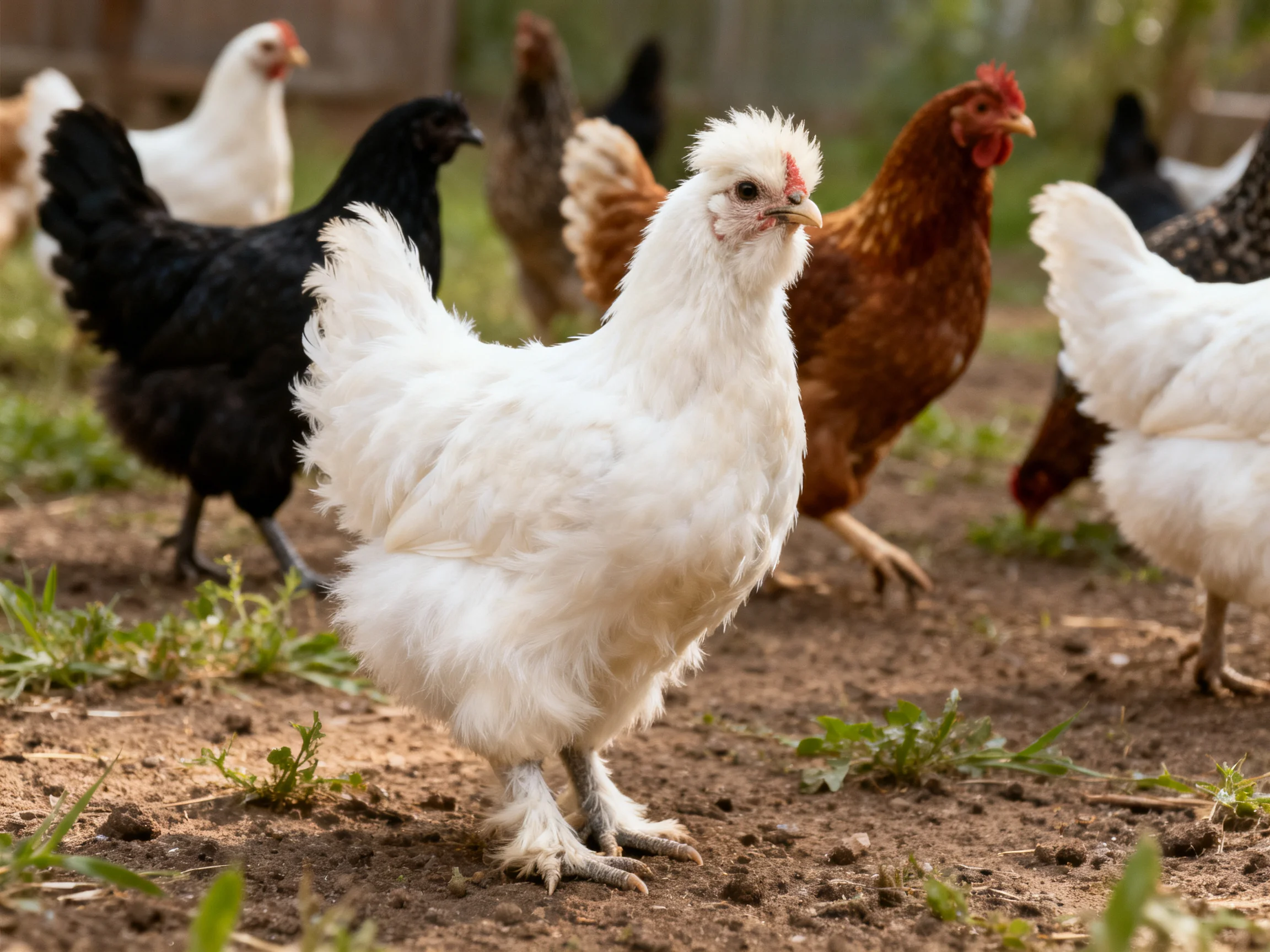 A group of chickens with varied colors foraging outdoors